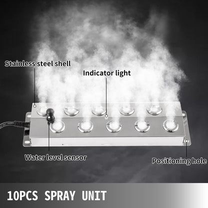 Mist Maker 10 Head Ultrasonic Mist Fogger with Waterproof Power Supply Ultrasonic Fogger Humidifier Stainless V952-CSBWHQ10TFS000001V3