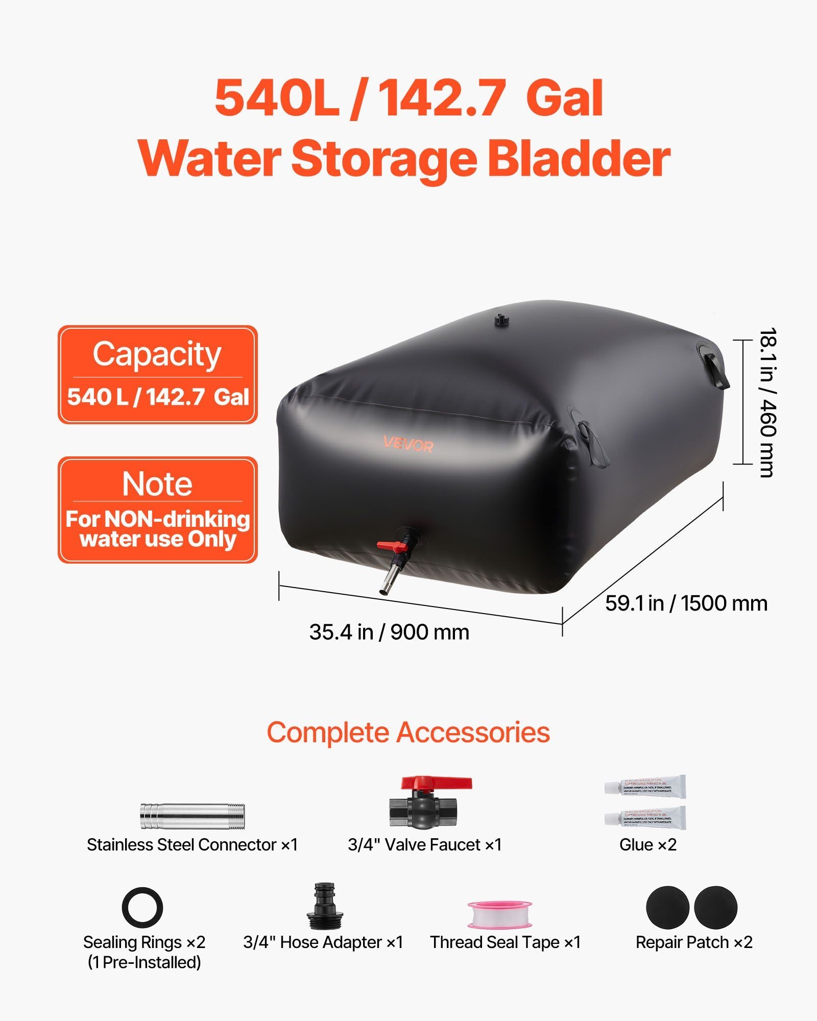 Water Storage Bladder 540L Large Capacity Water Bag, Portable & Collapsible Soft Waters Container, Leakproof V952-CSDHSPVC540L2ZFQH001V0