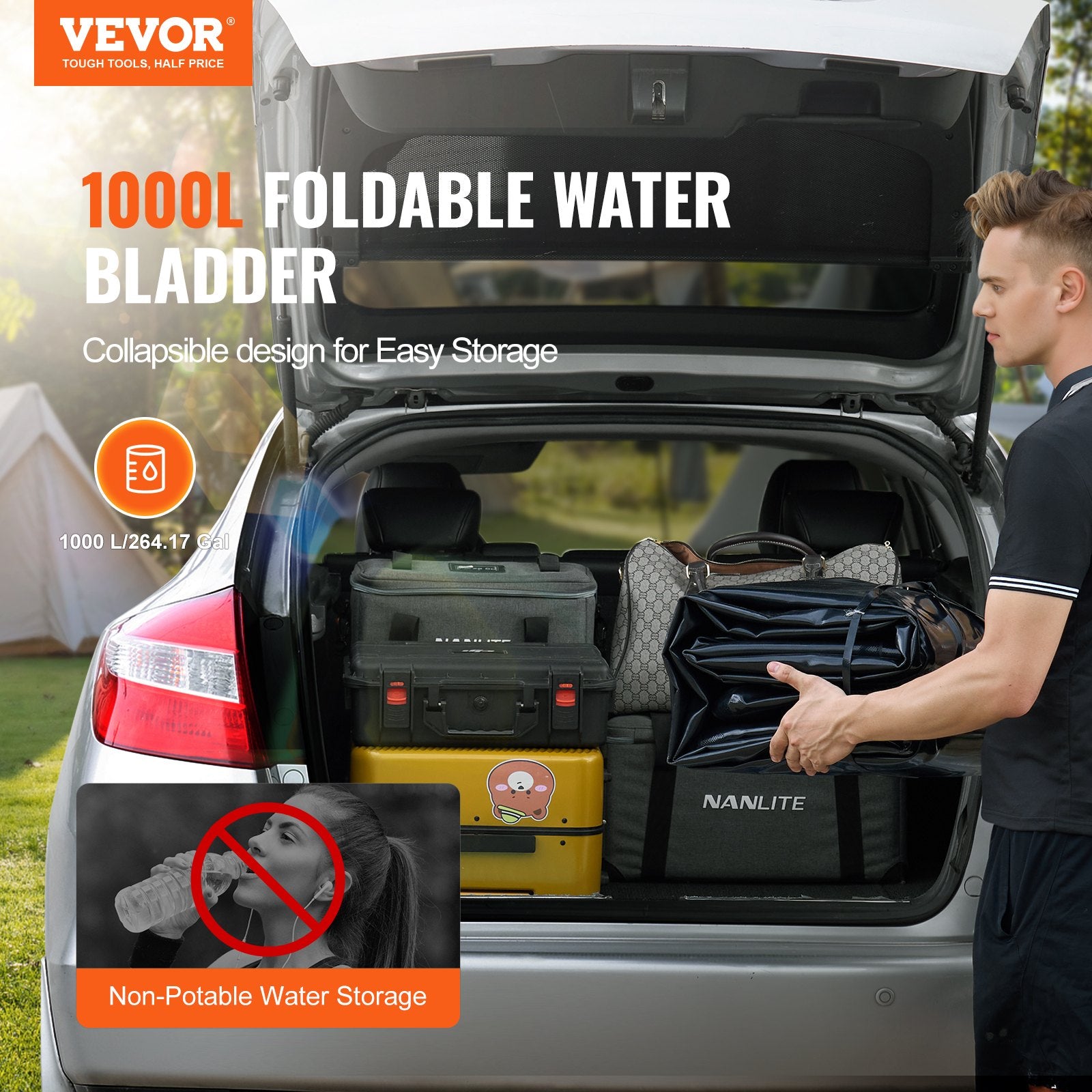 Portable Water Storage Bladder 264 Gal PVC Collapsible Water Tank Black V952-CSDHSPVCB100YFP48V0