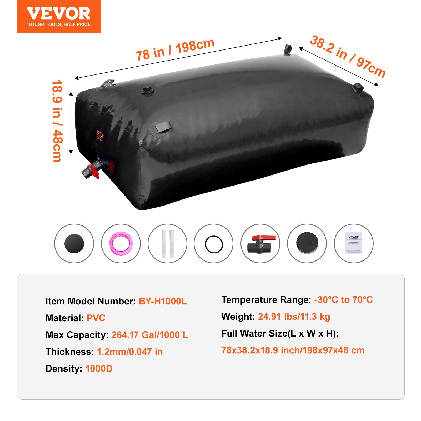 Portable Water Storage Bladder 264 Gal PVC Collapsible Water Tank Black V952-CSDHSPVCB100YFP48V0