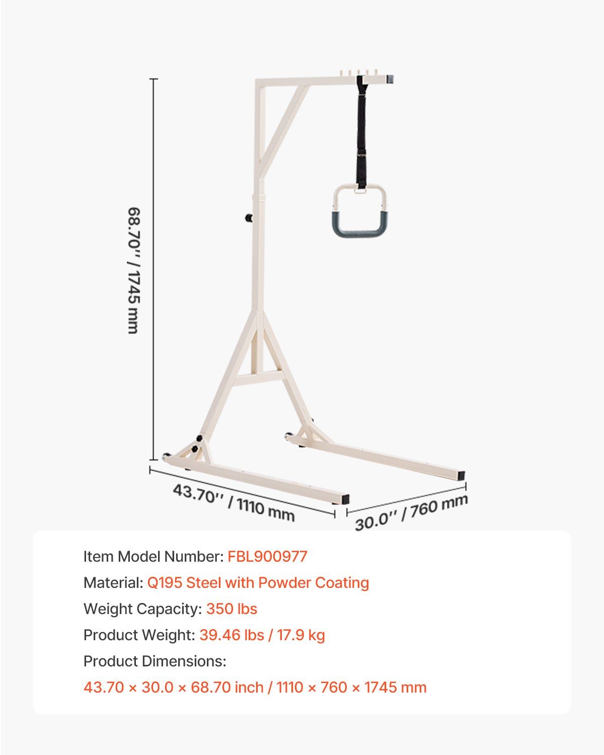 Trapeze Bar for Bed Mobility, Height-Adjustable Bed Trapeze with 2 Casters, 350LBS Weight Capacity Heavy Duty V952-CSDJLDXDJSJZTUI9AV0