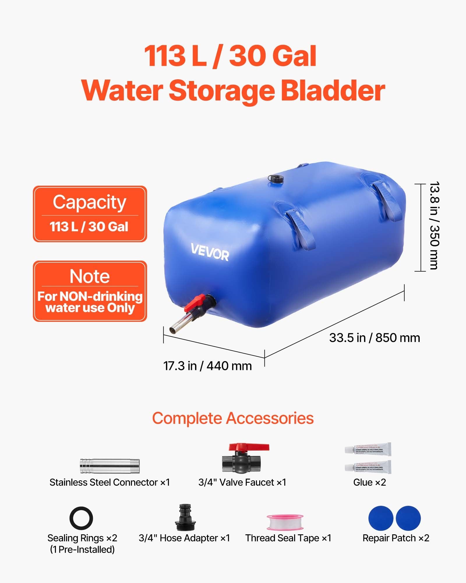 Water Storage Bladder 113L Large Capacity Water Bag, Portable & Collapsible Soft Waters Container, Leakproof V952-CSDLSPVC113LPS9FD001V0