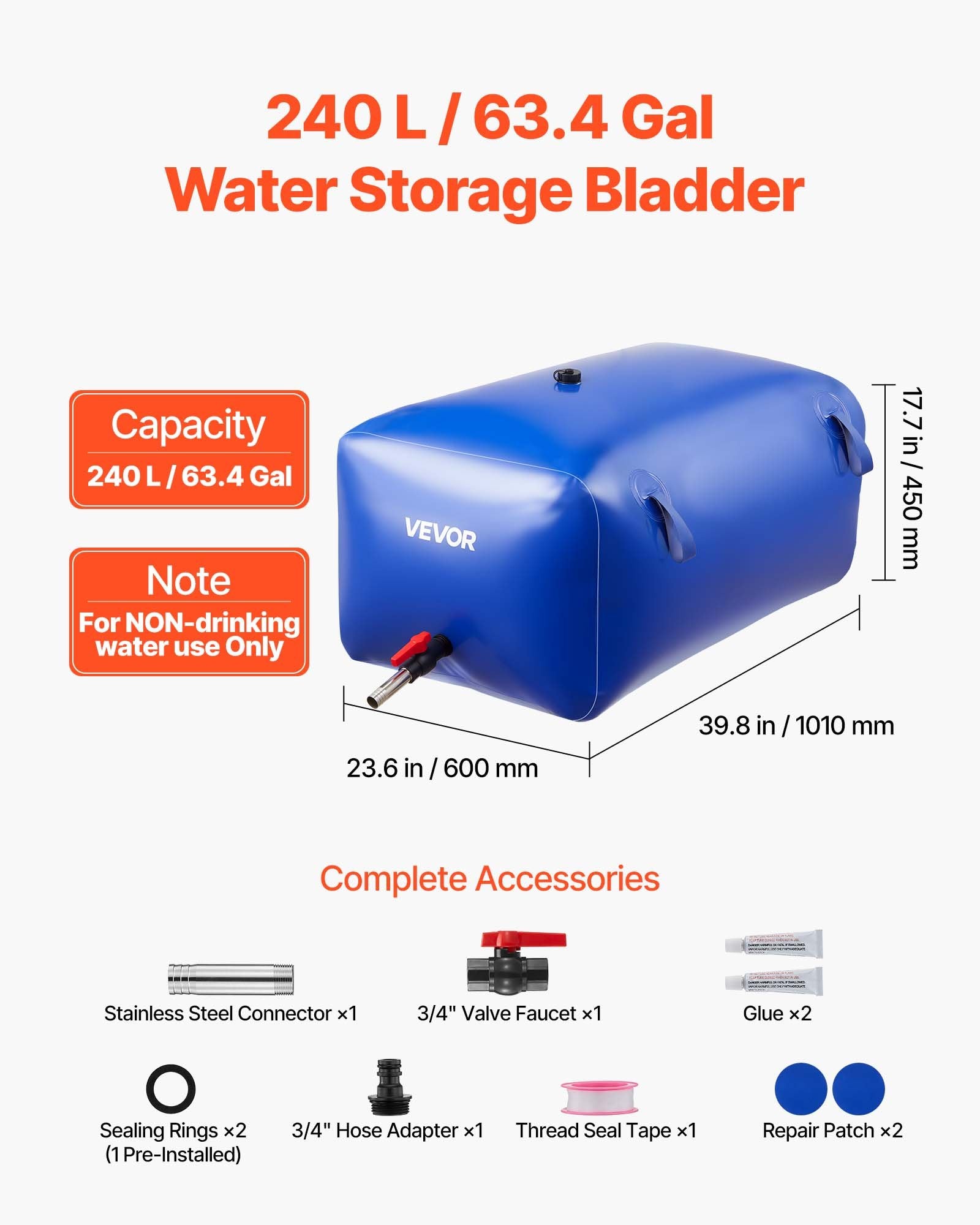 Water Storage Bladder 240L Large Capacity Water Bag, Portable & Collapsible Soft Waters Container, Leakproof V952-CSDLSPVC240LSO68O001V0