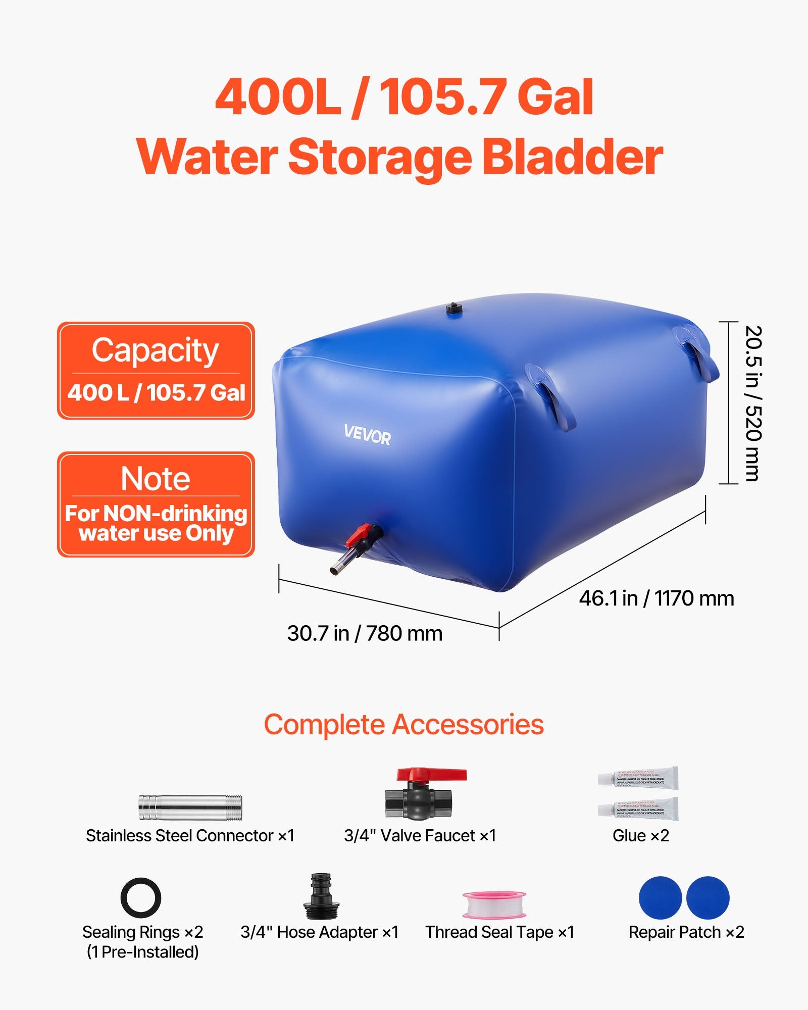 Water Storage Bladder 400L Large Capacity Water Bag, Portable & Collapsible Soft Waters Container, Leakproof V952-CSDLSPVC400L9HOR6001V0