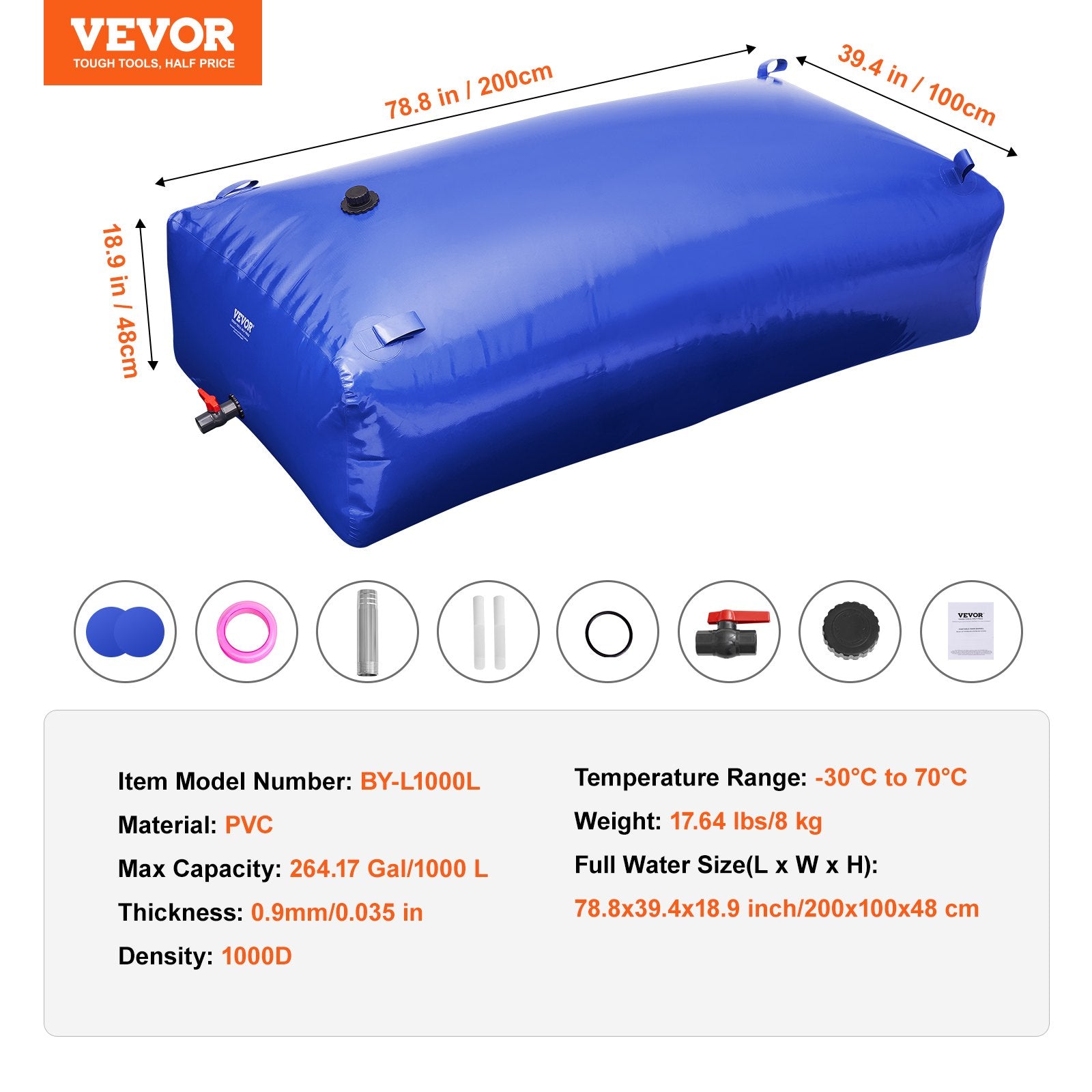 Portable Water Storage Bladder 264 Gal 1000D PVC Collapsible Water Tank V952-CSDLSPVCB100VV7VVV0