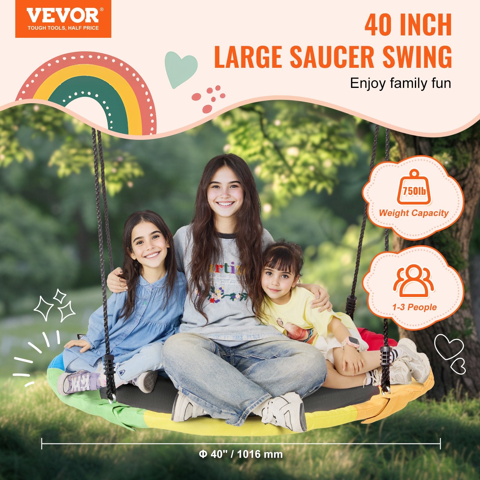 Tree Swing, 40 Inch Saucer Swing, 750lbs Weight Capacity, 900D Oxford Fabric Swing Seat with 2 Tree Hanging V952-CSFDQQCSFD407SNPQV0