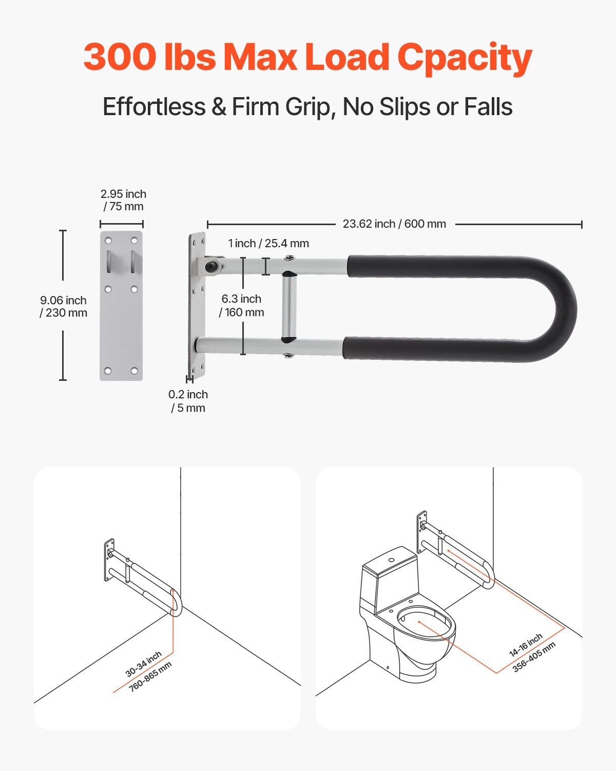 Toilet Safety Rail, 60.5 cm U-Shaped Handicap Grab Bar, Foldable Senior Safety Pole, Flip Up Toilet Grab Bars V952-CSFSWZTKFZ24OTR5FV0