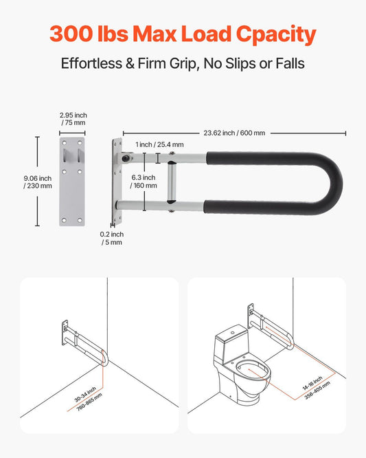 Toilet Safety Rail, 60.5 cm U-Shaped Handicap Grab Bar, Foldable Senior Safety Pole, Flip Up Toilet Grab Bars V952-CSFSWZTKFZ24OTR5FV0
