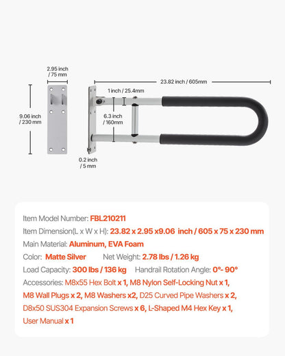 Toilet Safety Rail, 60.5 cm U-Shaped Handicap Grab Bar, Foldable Senior Safety Pole, Flip Up Toilet Grab Bars V952-CSFSWZTKFZ24OTR5FV0