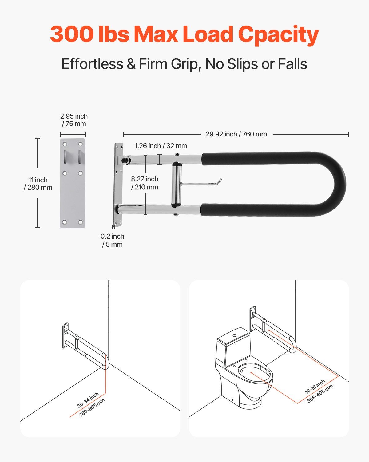 Toilet Safety Rail, 76.5 cm U-Shaped Handicap Grab Bar, Foldable Senior Safety Pole, Flip Up Toilet Grab Bars V952-CSFSWZTKFZ305ODGSV0