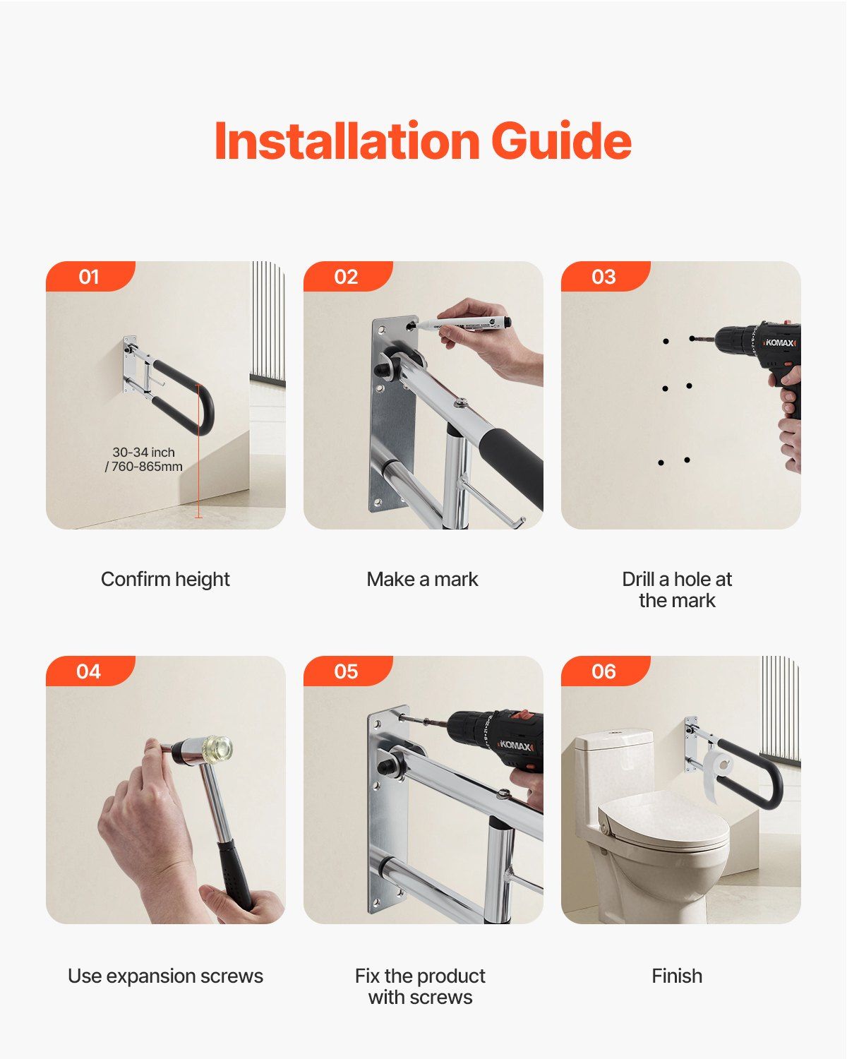 Toilet Safety Rail, 76.5 cm U-Shaped Handicap Grab Bar, Foldable Senior Safety Pole, Flip Up Toilet Grab Bars V952-CSFSWZTKFZ305ODGSV0