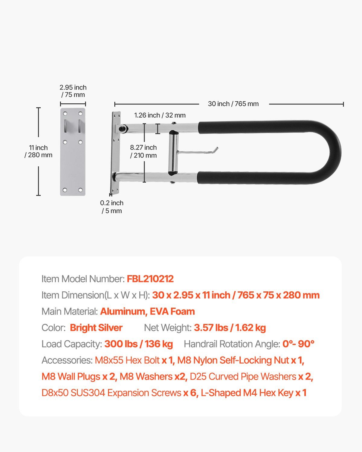 Toilet Safety Rail, 76.5 cm U-Shaped Handicap Grab Bar, Foldable Senior Safety Pole, Flip Up Toilet Grab Bars V952-CSFSWZTKFZ305ODGSV0