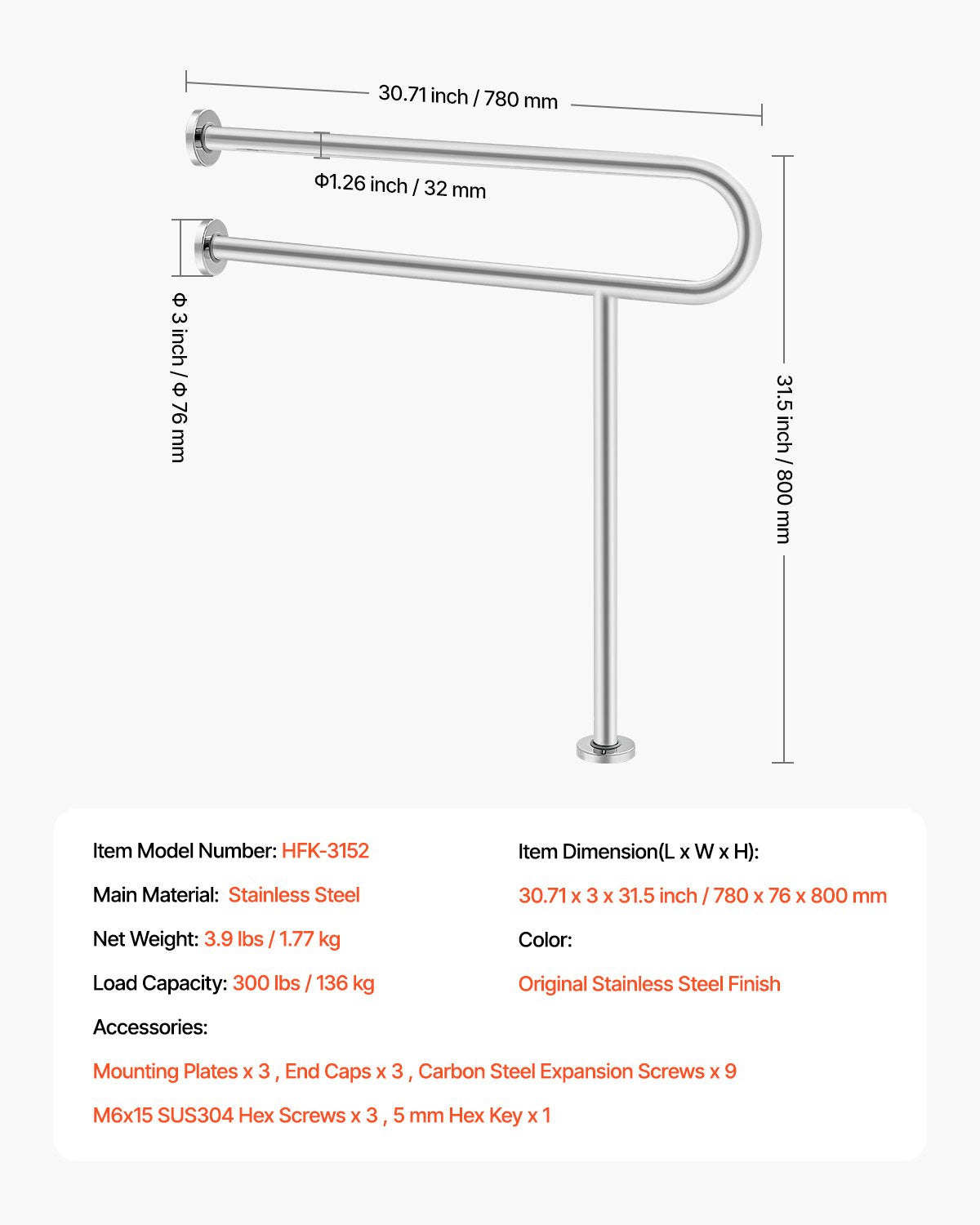 Toilet Safety Rail, 80 cm U-Shaped Handicap Grab Bar, 304 Stainless Steel Senior Safety Pole, Toilet Grab V952-CSFSYZTBKFZ3JJ2VOV0