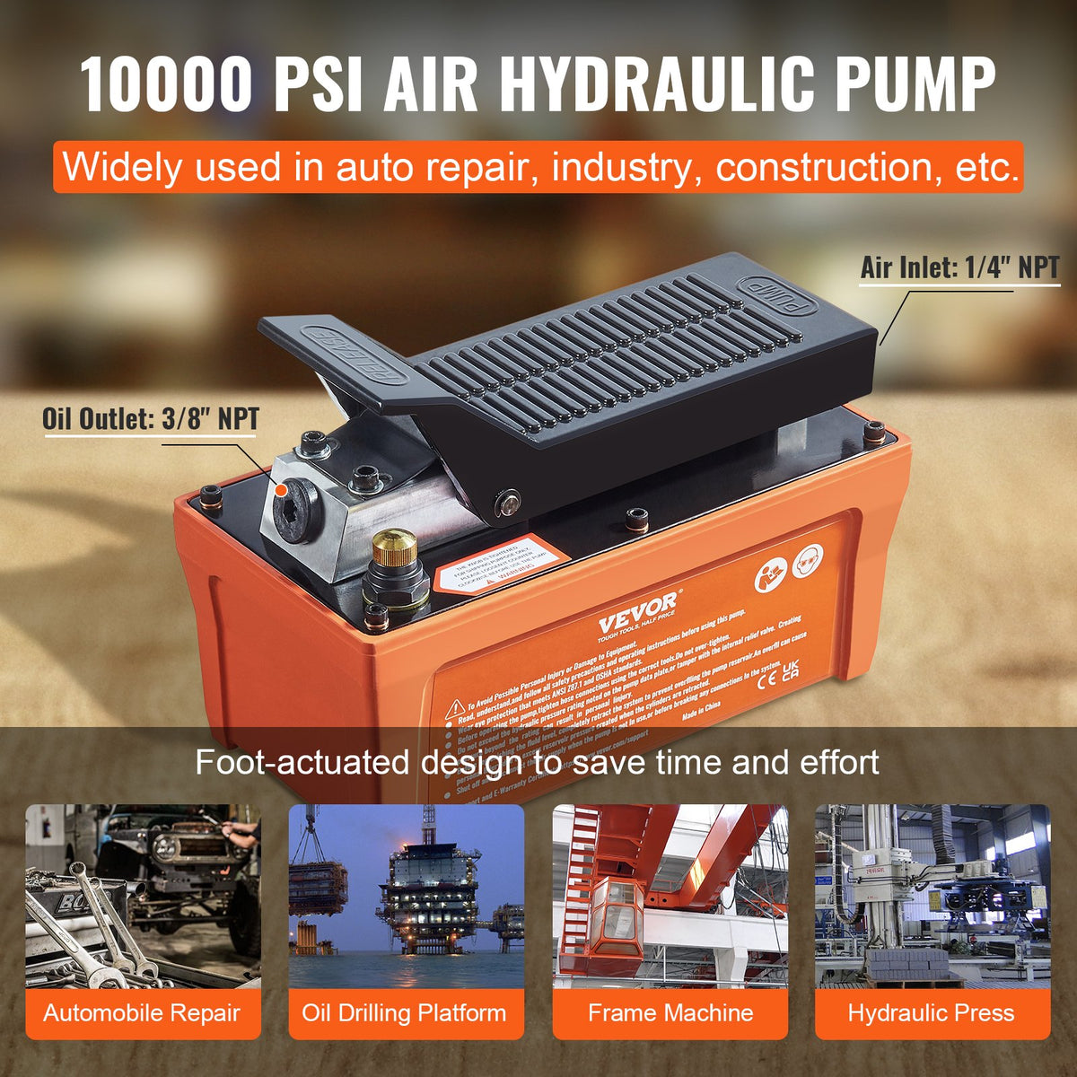 Air Hydraulic Pump, 10,000 PSI 1/2 Gal Reservoir, NPT 3/8" Oil Outlet, NPT 1/4" Inlet, 6.6 ft Pipe, Foot V952-CSMJTELECTRIC8CJIV0