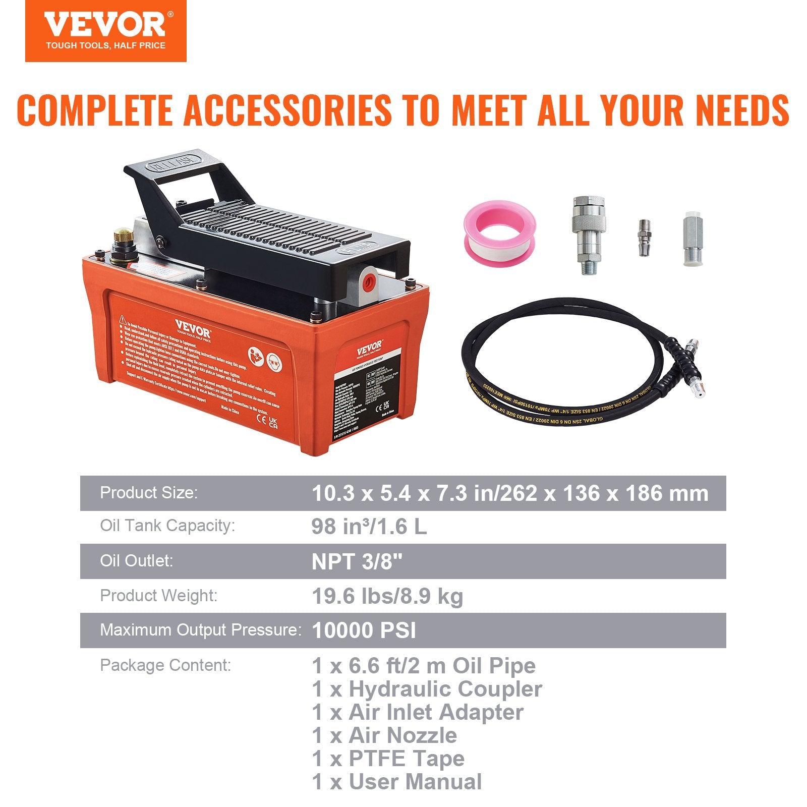 Air Hydraulic Pump, 10,000 PSI 1/2 Gal Reservoir, NPT 3/8" Oil Outlet, NPT 1/4" Inlet, 6.6 ft Pipe, Foot V952-CSMJTELECTRIC8CJIV0