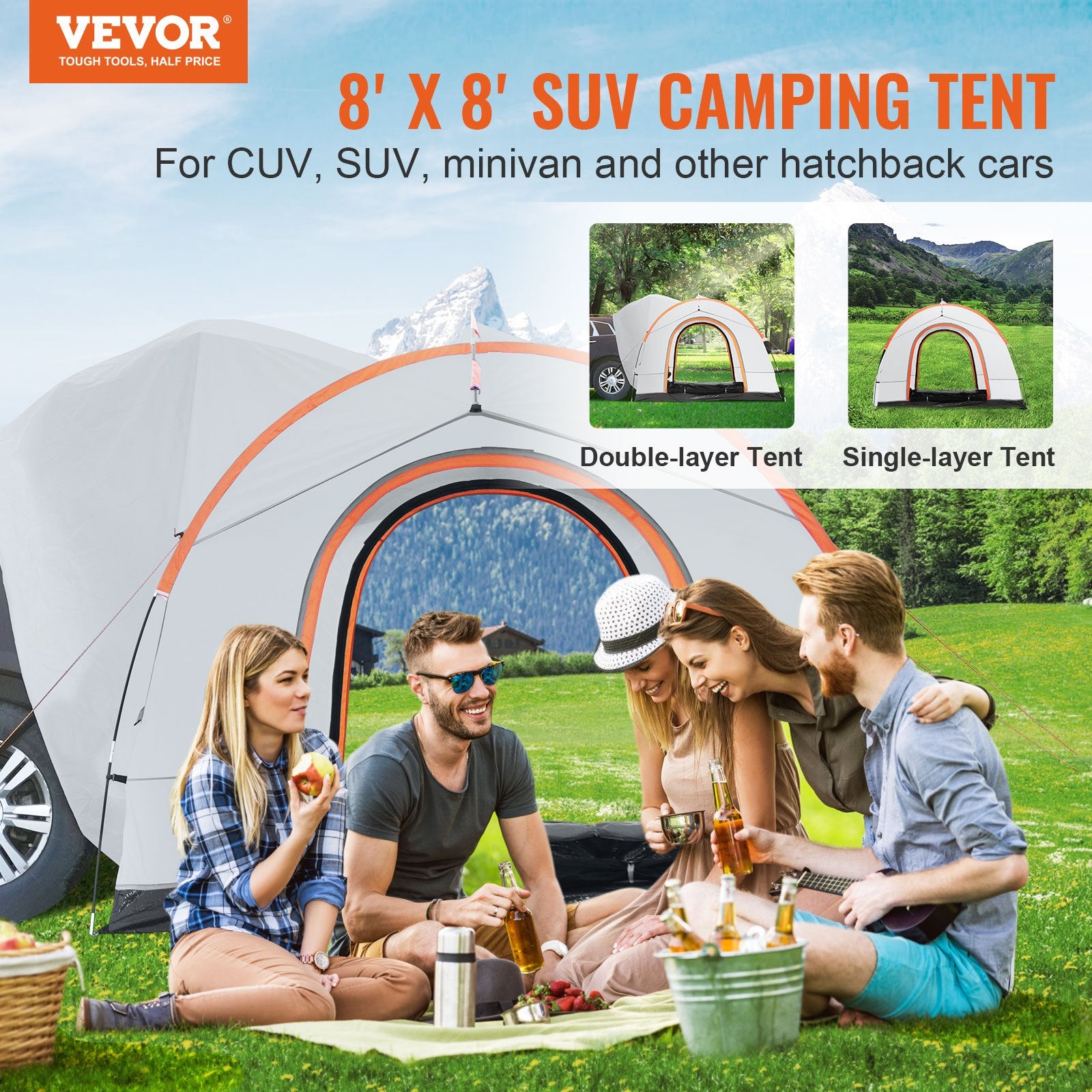 SUV Camping Tent, 8'-8' SUV Tent Attachment for Camping with Rain Layer and Carry Bag, PU2000mm Double Layer V952-CSUV6508008004E90V0