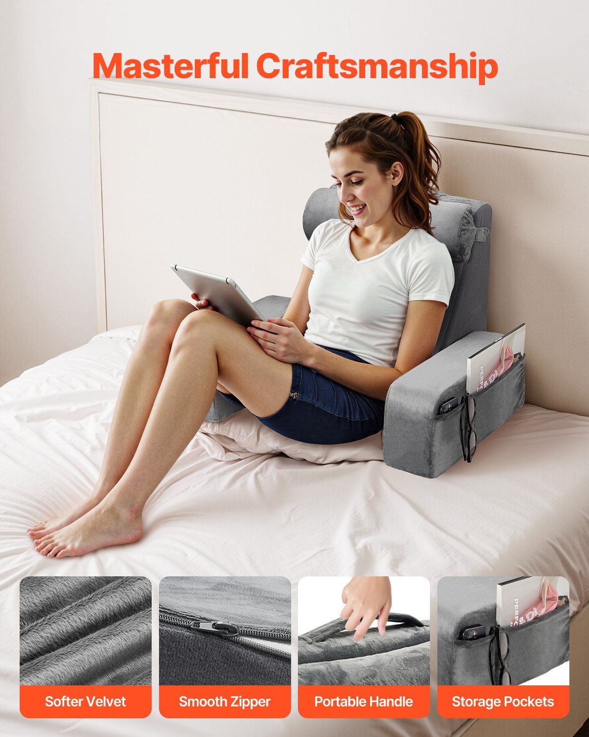 Reading Pillow, Backrest Support Pillow with Arm and 3 Pockets, Large Size Bed Pillow with Removable Headrest V952-CSYDZHS00000R36OL001V0