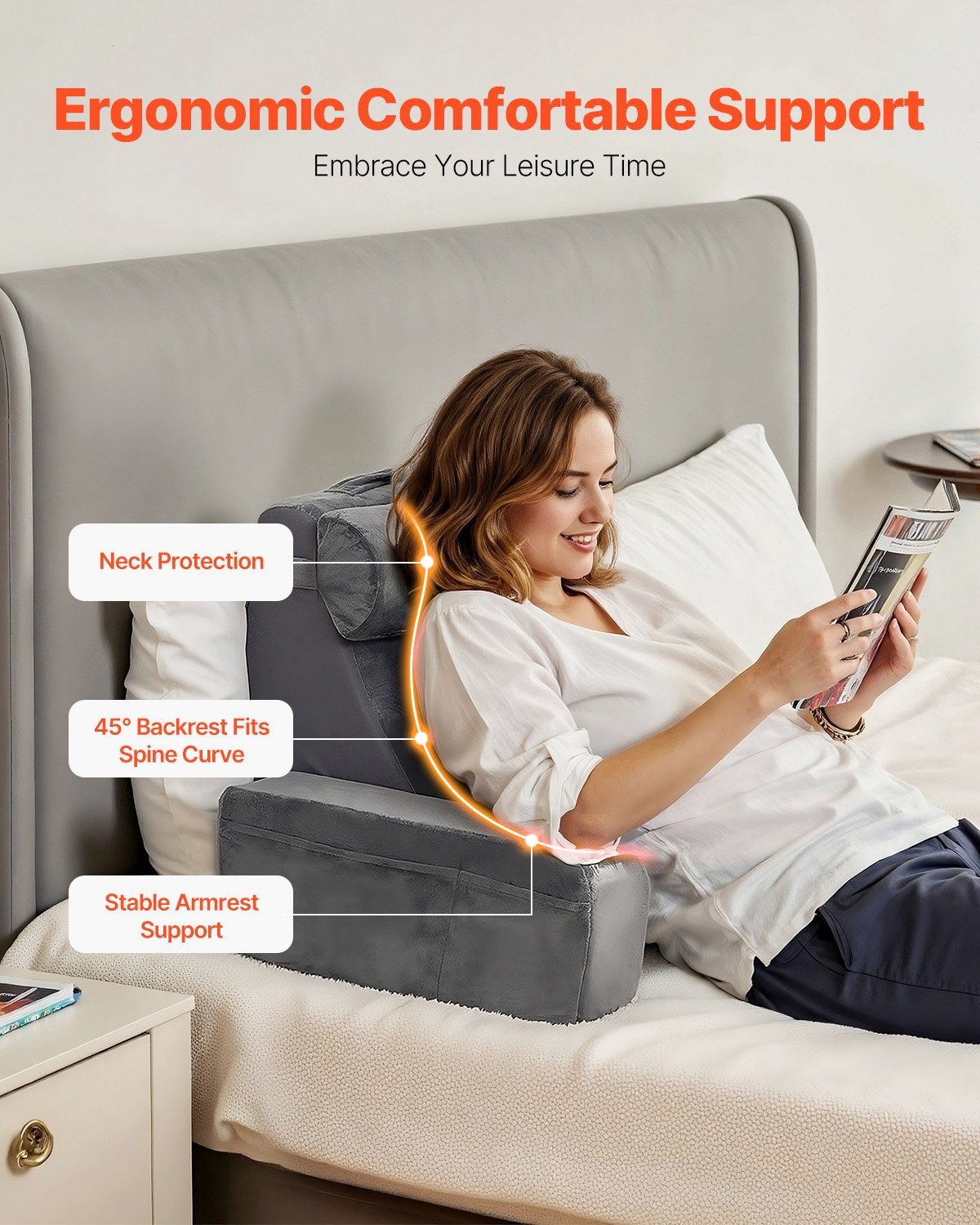 Reading Pillow, Backrest Support Pillow with Arm and 3 Pockets, Large Size Bed Pillow with Removable Headrest V952-CSYDZHS00000R36OL001V0
