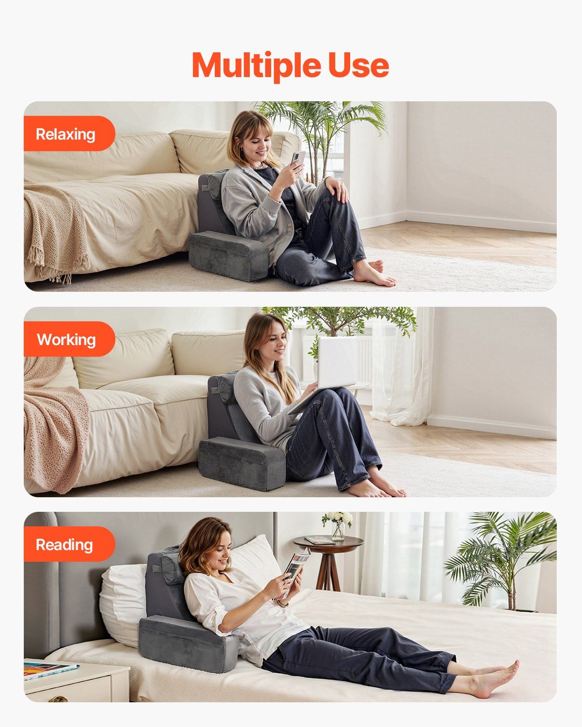 Reading Pillow, Backrest Support Pillow with Arm and 3 Pockets, Large Size Bed Pillow with Removable Headrest V952-CSYDZHS00000R36OL001V0