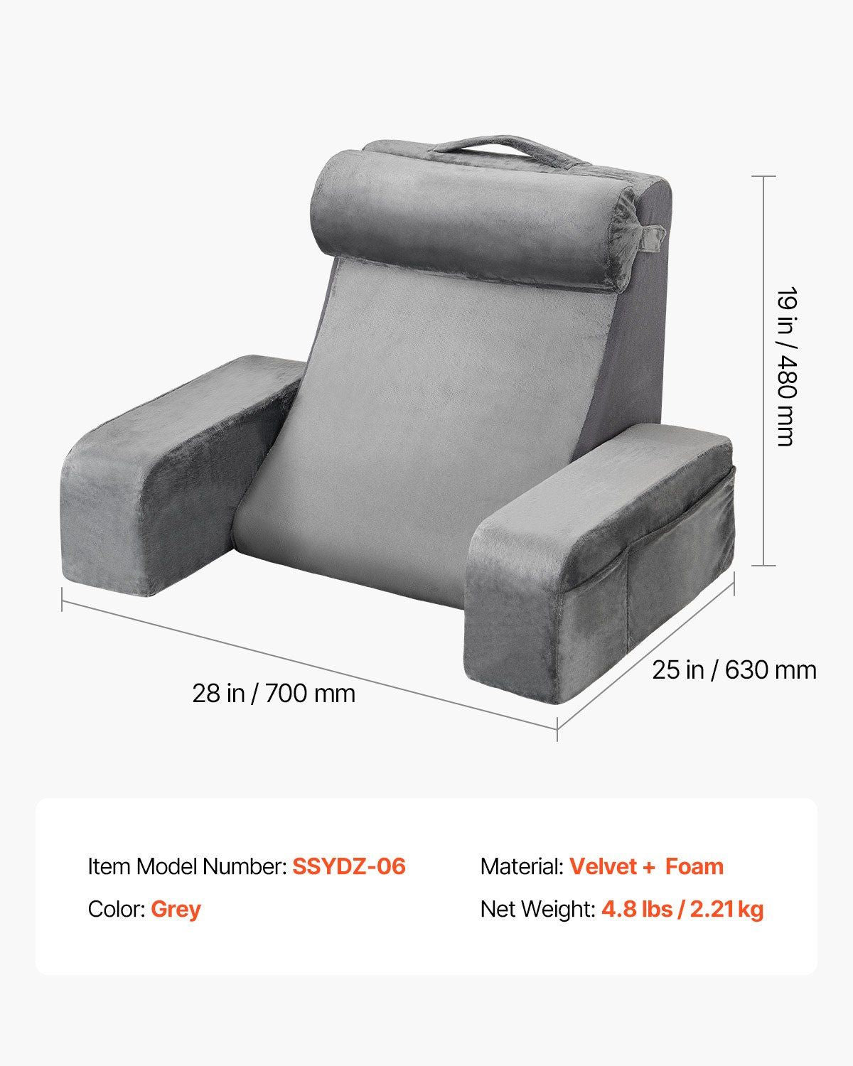 Reading Pillow, Backrest Support Pillow with Arm and 3 Pockets, Large Size Bed Pillow with Removable Headrest V952-CSYDZHS00000R36OL001V0