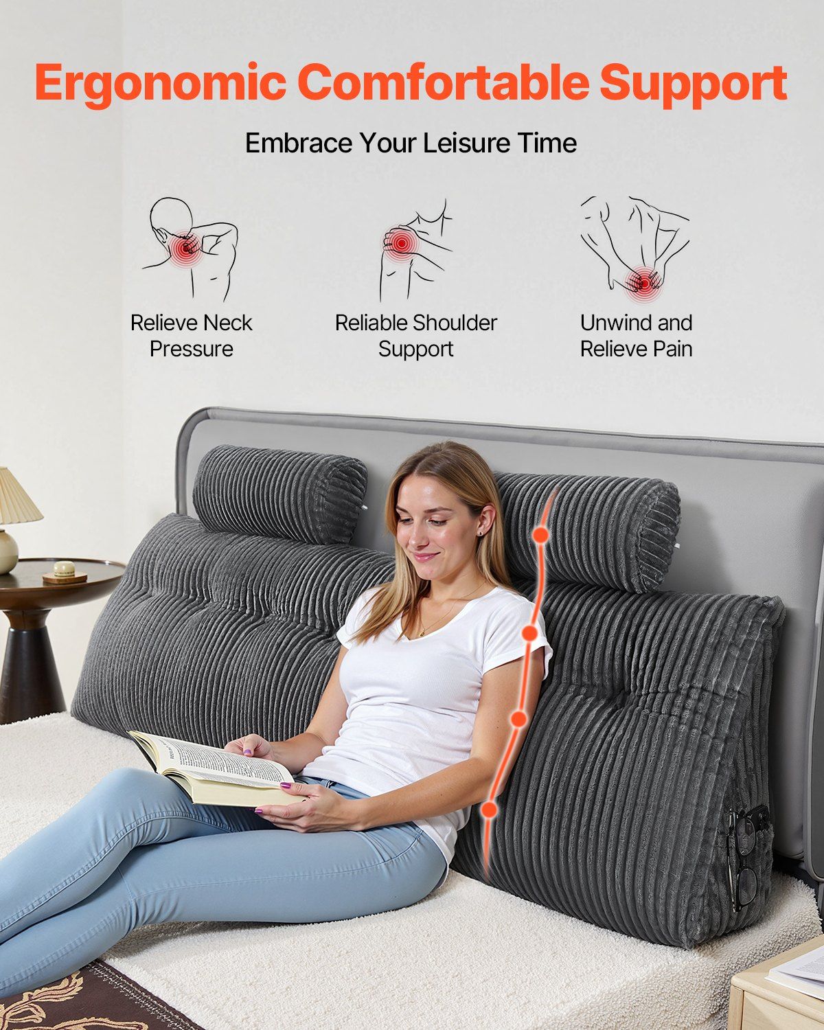 Headboard Pillow, King Size Wedge Headboard Pillow with 2 Side Pockets and 2 Headrests, Bed Wedge Pillow with V952-CTBZKINGCCHS803KE001V0