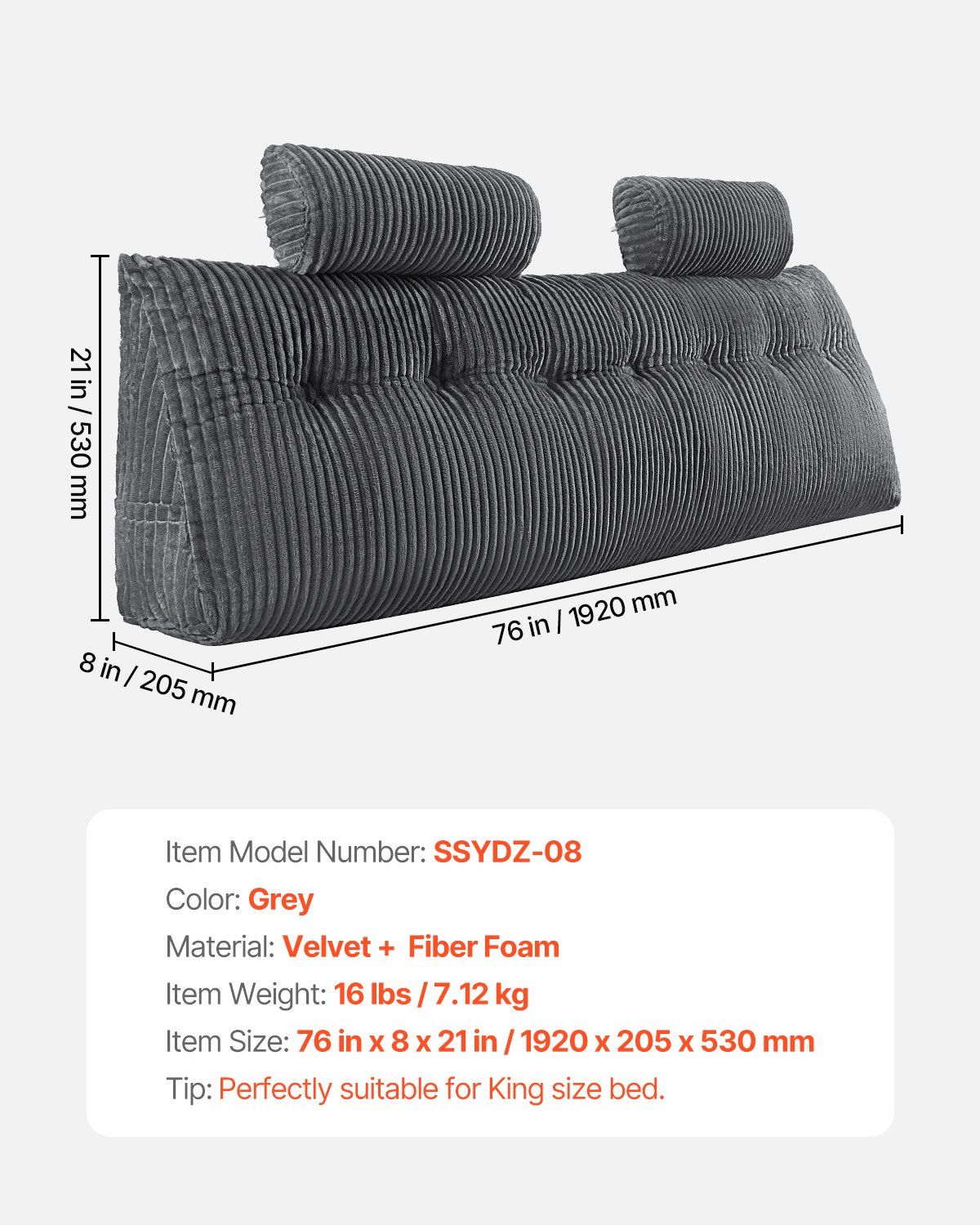 Headboard Pillow, King Size Wedge Headboard Pillow with 2 Side Pockets and 2 Headrests, Bed Wedge Pillow with V952-CTBZKINGCCHS803KE001V0