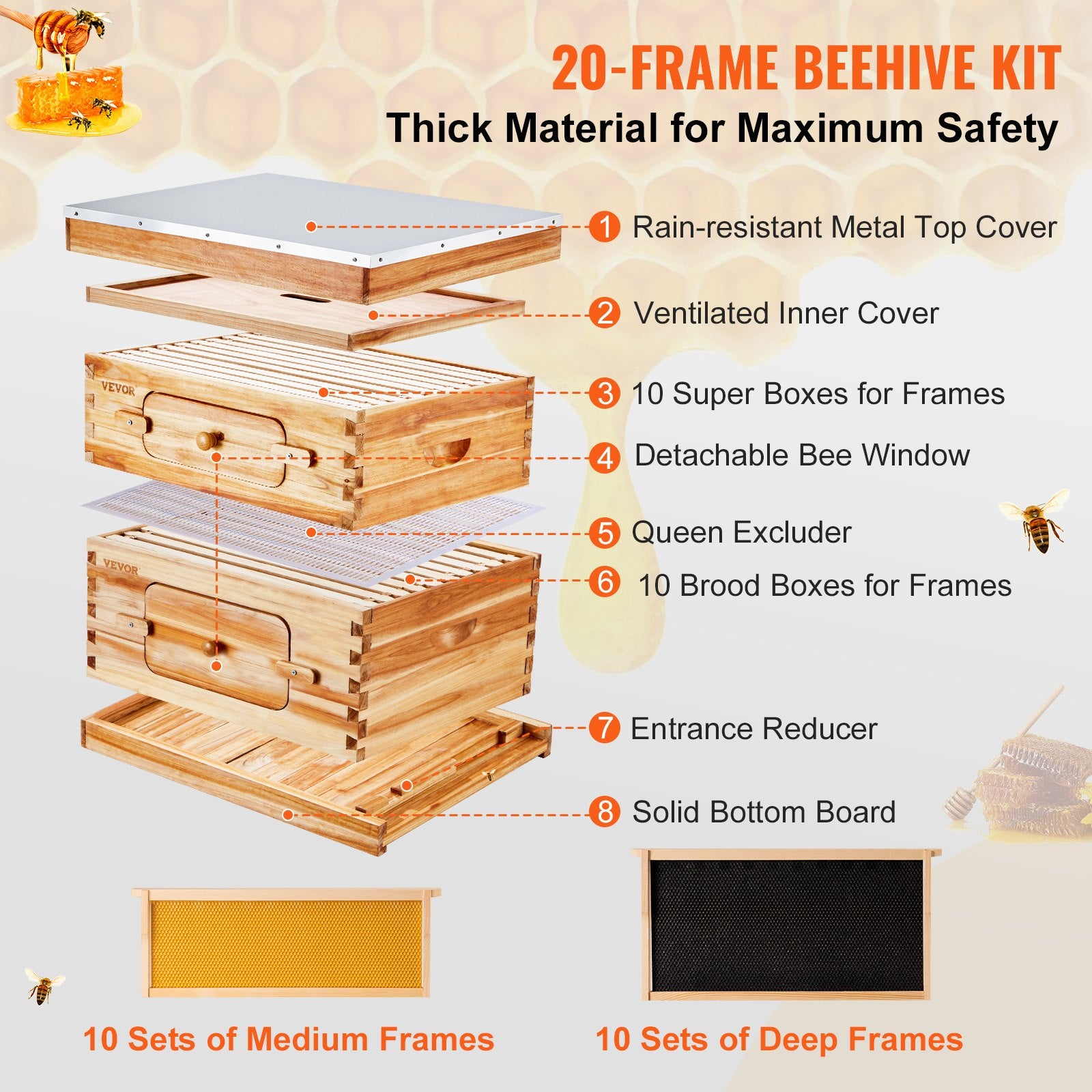 Bee Hive 20 Frame Bee Hives Starter Kit, Beeswax Coated Cedar Wood, 1 Deep + 1 Medium Bee Boxes Langstroth V952-CTFXSMSHX1ZHAS36XV0