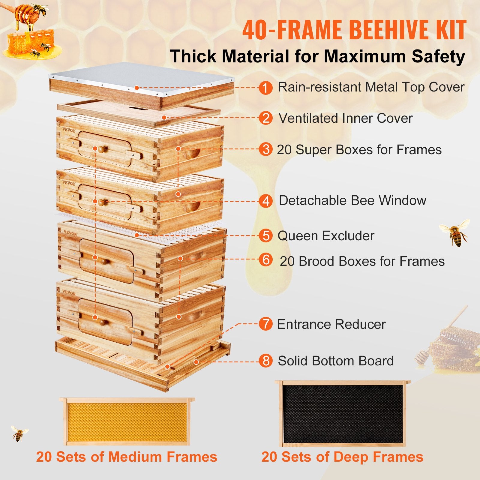Bee Hive 40 Frame Bee Hives Starter Kit, Beeswax Coated Cedar Wood, 2 Deep + 2 Medium Bee Boxes Langstroth V952-CTFXSMSHX2ZH12ZO0V0
