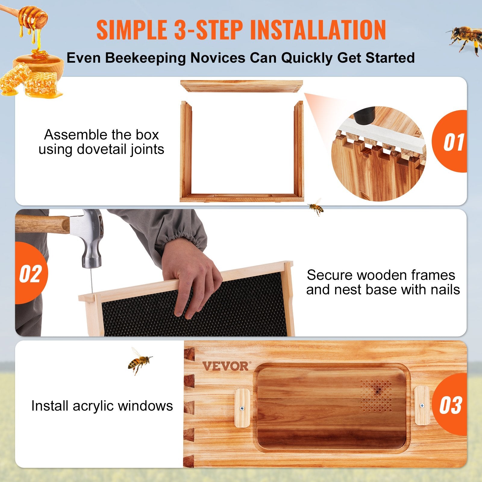 Bee Hive 30 Frame Bee Hives Starter Kit, Beeswax Coated Fir Wood, 2 Deep + 1 Medium Bee Boxes Langstroth V952-CTFXSMSHX2ZHGHAL4V0