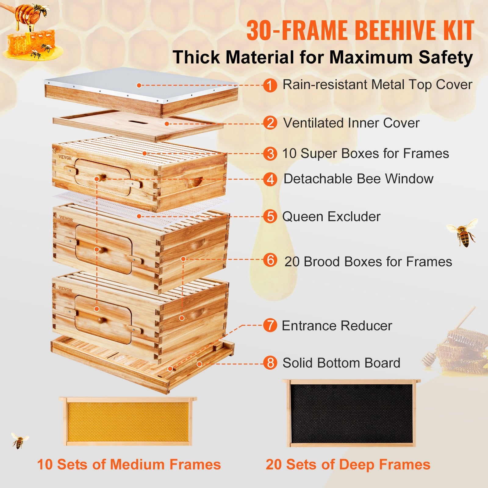 Bee Hive 30 Frame Bee Hives Starter Kit, Beeswax Coated Fir Wood, 2 Deep + 1 Medium Bee Boxes Langstroth V952-CTFXSMSHX2ZHGHAL4V0
