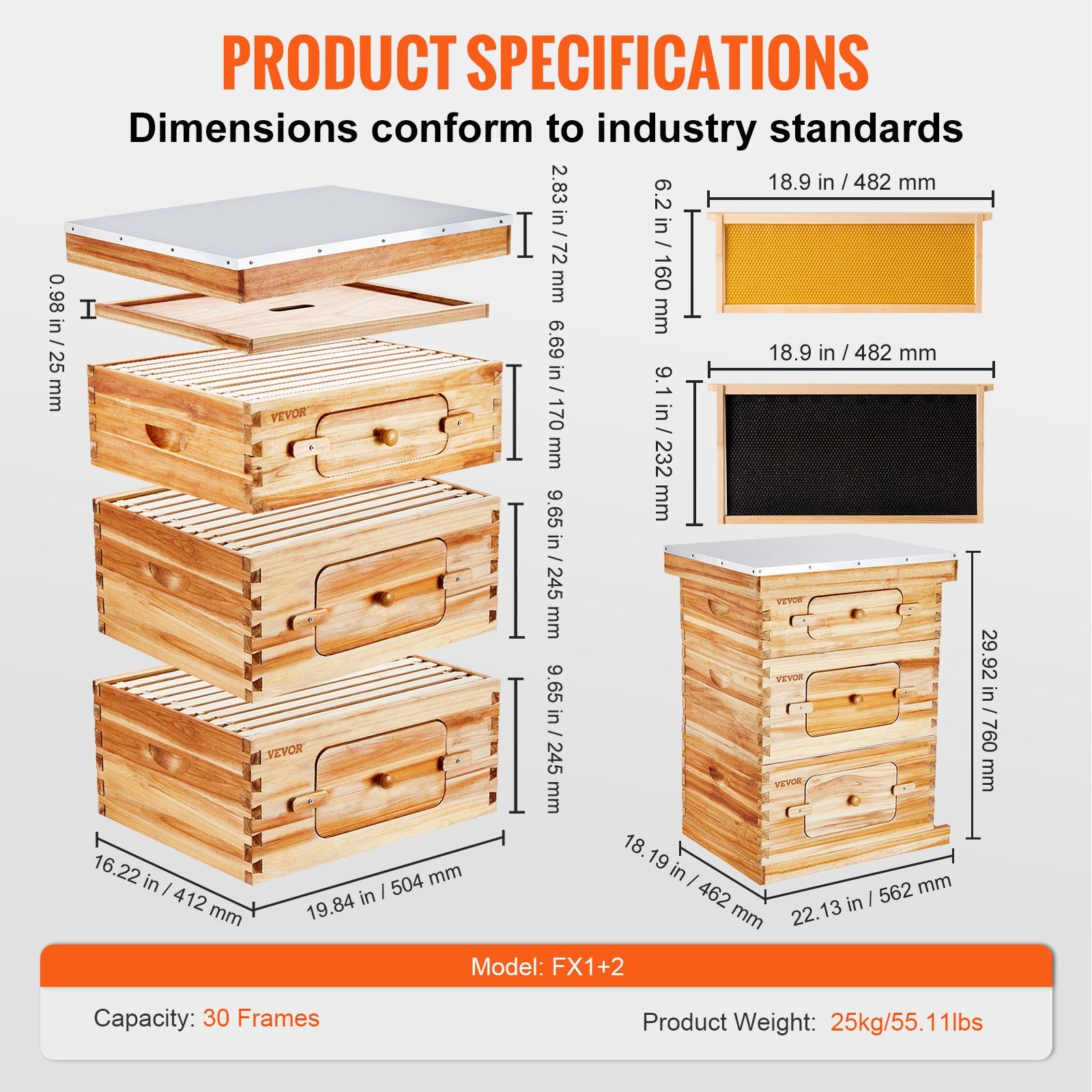 Bee Hive 30 Frame Bee Hives Starter Kit, Beeswax Coated Fir Wood, 2 Deep + 1 Medium Bee Boxes Langstroth V952-CTFXSMSHX2ZHGHAL4V0