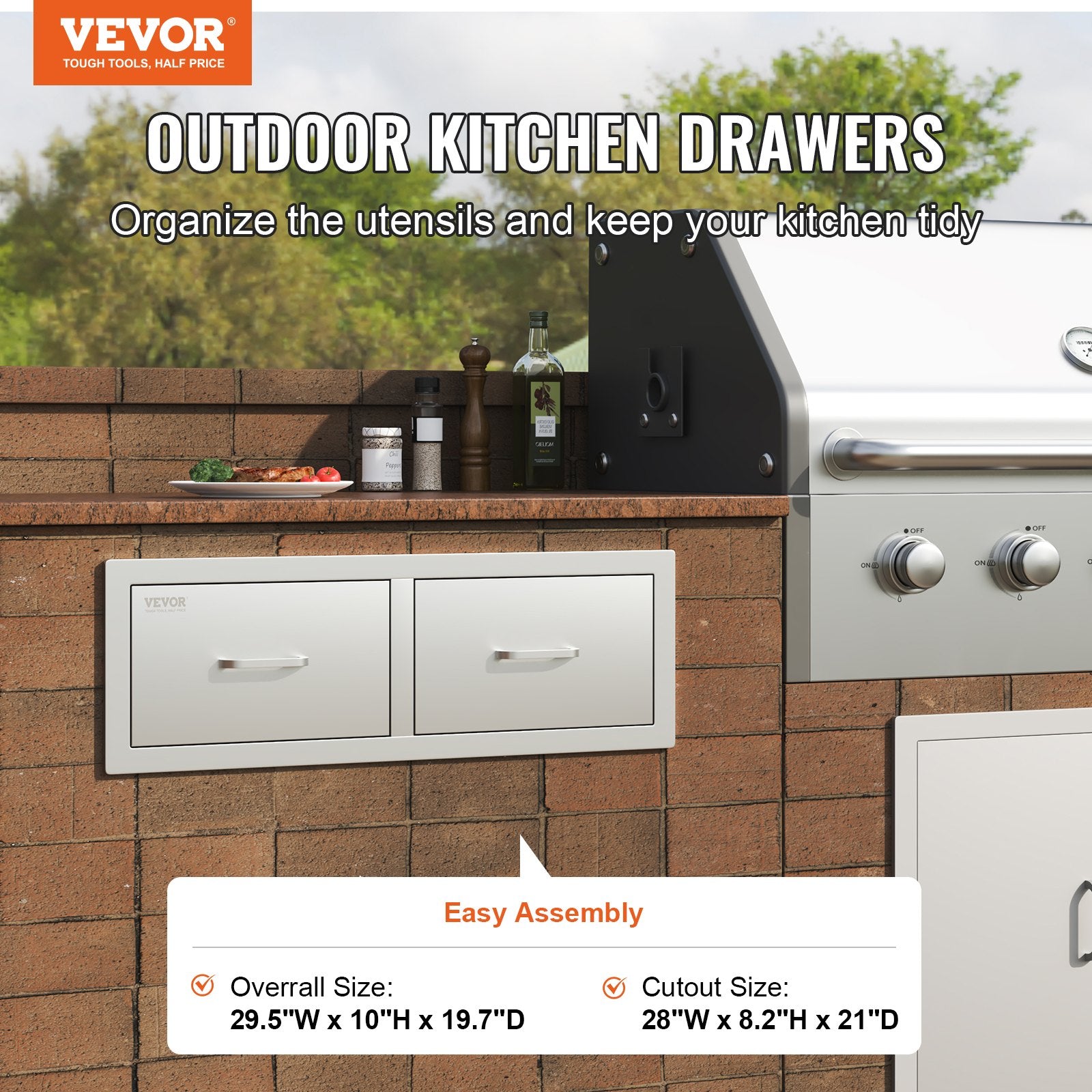 Outdoor Kitchen Drawers 30" W x 10" H x 20" D, Horizontal Double BBQ Access Drawers Stainless Steel with V952-CTG30X10X20000001V0