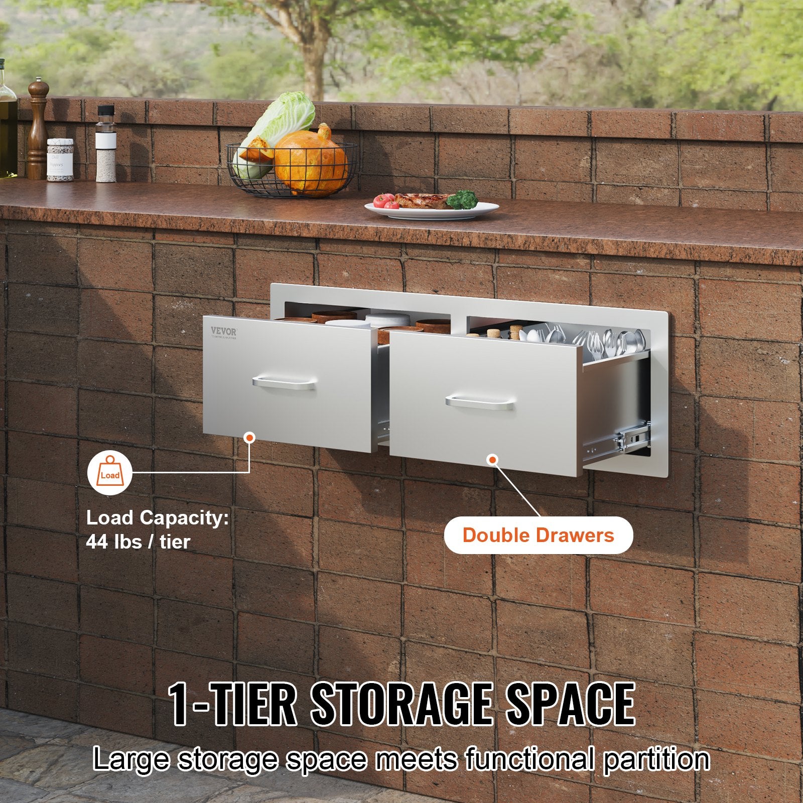 Outdoor Kitchen Drawers 30" W x 10" H x 20" D, Horizontal Double BBQ Access Drawers Stainless Steel with V952-CTG30X10X20000001V0