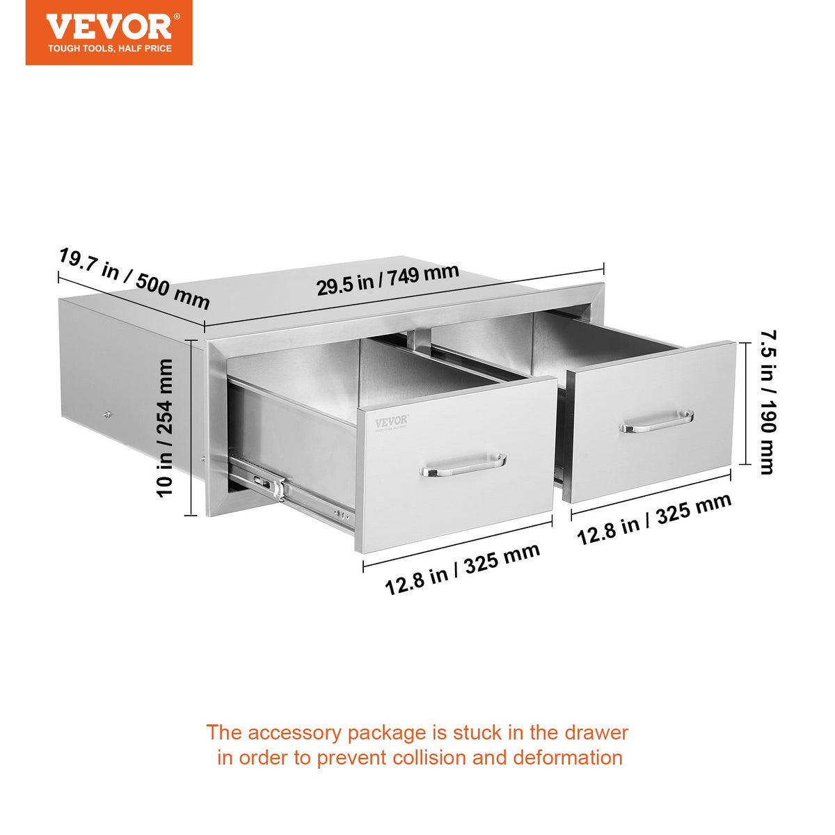 Outdoor Kitchen Drawers 30" W x 10" H x 20" D, Horizontal Double BBQ Access Drawers Stainless Steel with V952-CTG30X10X20000001V0