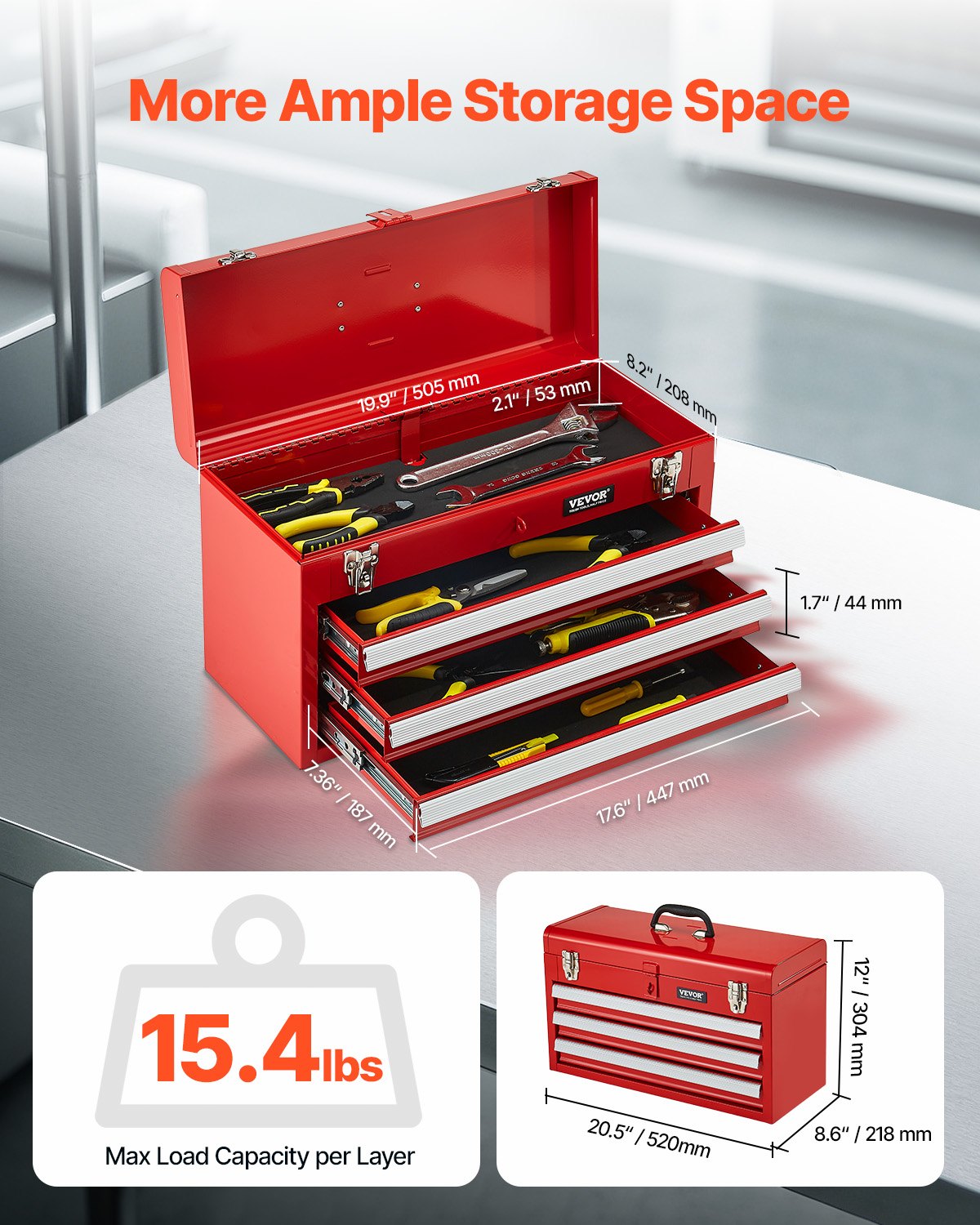 Tool Box 520 mm Portable Metal Tool Box 3 Drawers Tool Organizer Red V952-CTSBXSGJX20IEYVN5V0