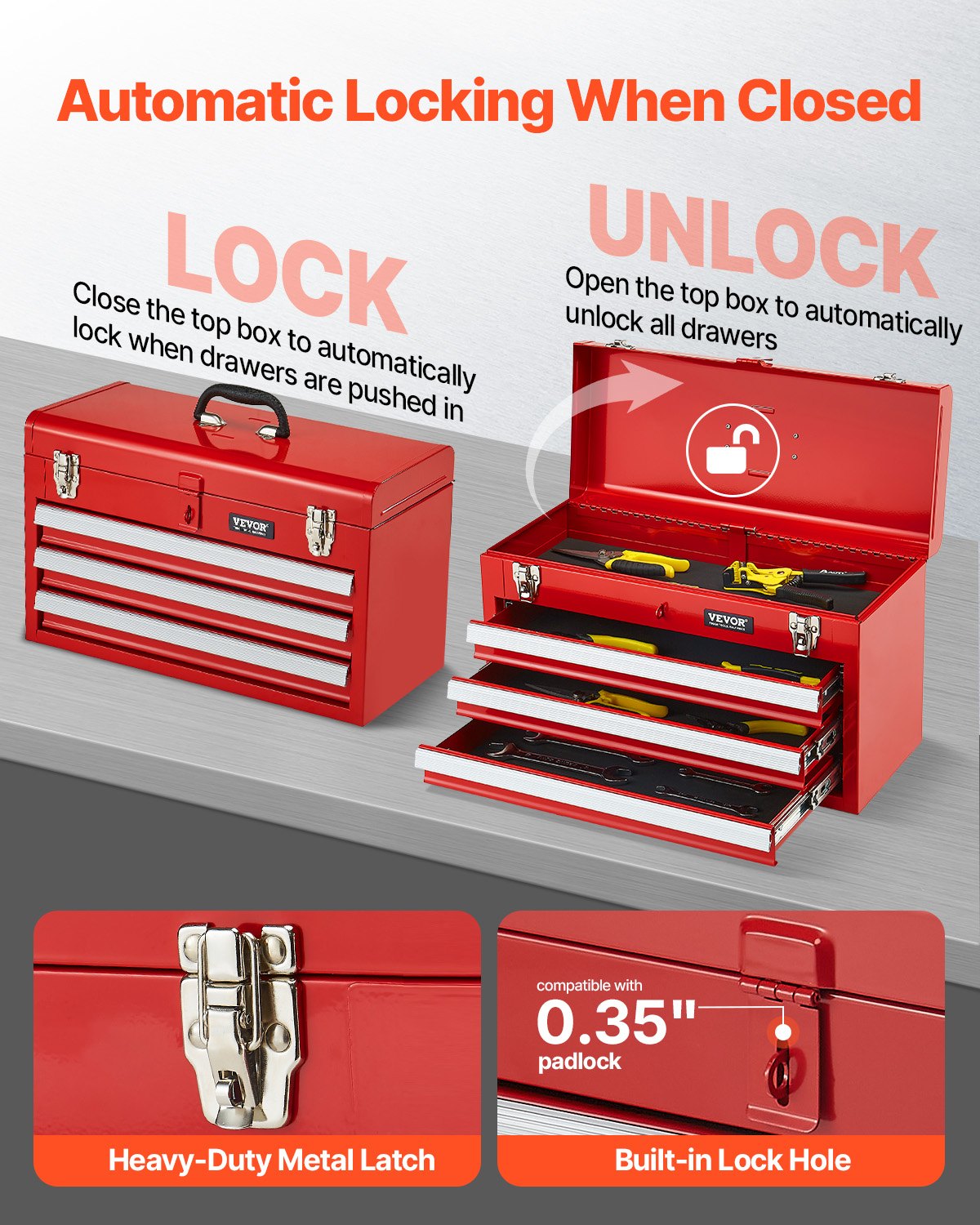 Tool Box 520 mm Portable Metal Tool Box 3 Drawers Tool Organizer Red V952-CTSBXSGJX20IEYVN5V0