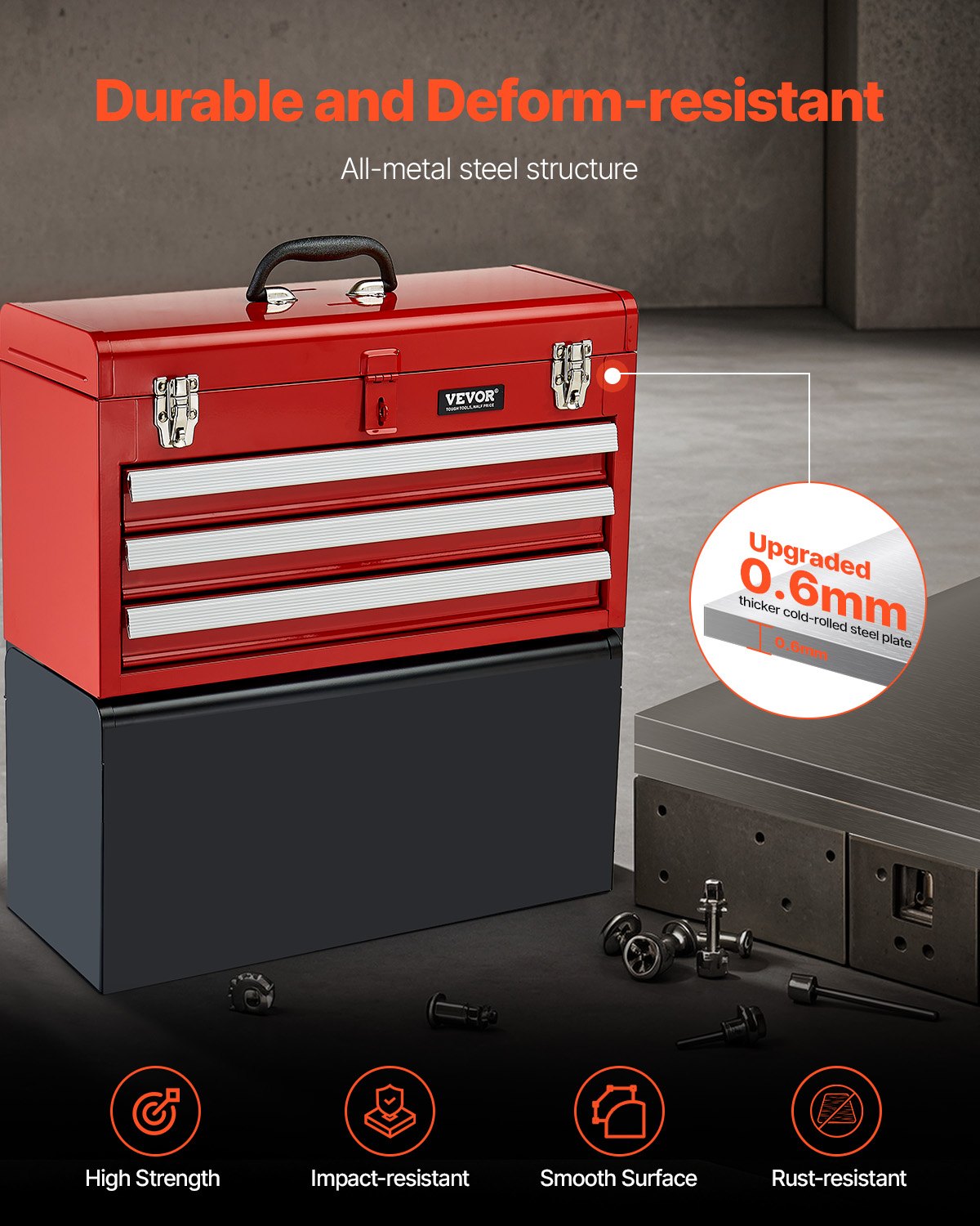 Tool Box 520 mm Portable Metal Tool Box 3 Drawers Tool Organizer Red V952-CTSBXSGJX20IEYVN5V0