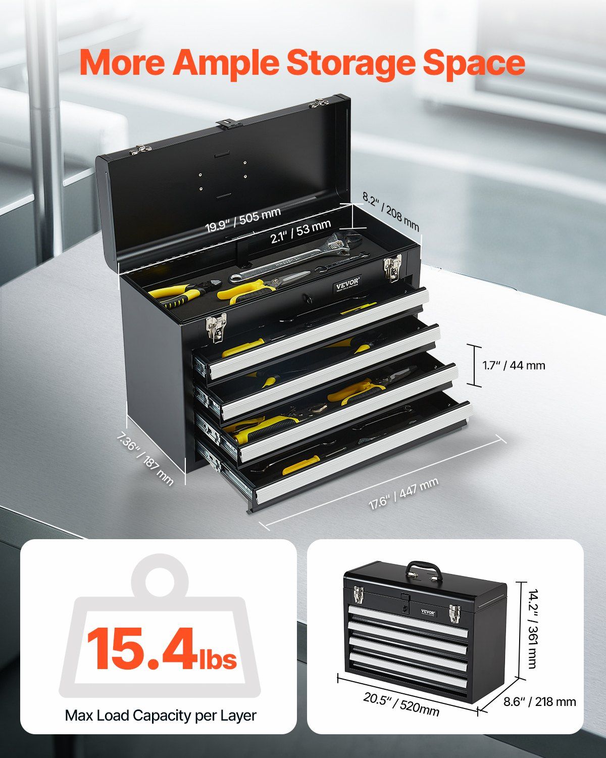 Metal Tool Box, 20.5-inch, Portable Metal Tool Box with 4 Drawers, Small Tool Chest with EVA Liners, Ball V952-CTSBXSGJX20ILXNNKV0