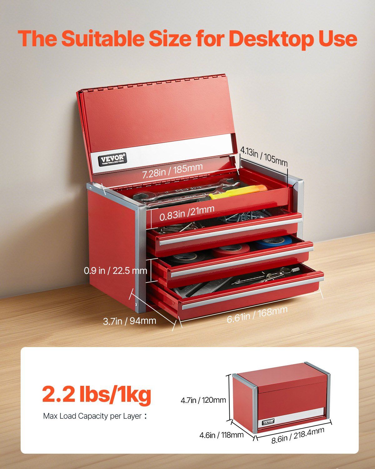 Metal Tool Box, 8.6-inch, Portable Metal Tool Box with 3 Drawers, Small Tool Chest with EVA Liners and PP V952-CTSBXSGJX86I00F7ZV0