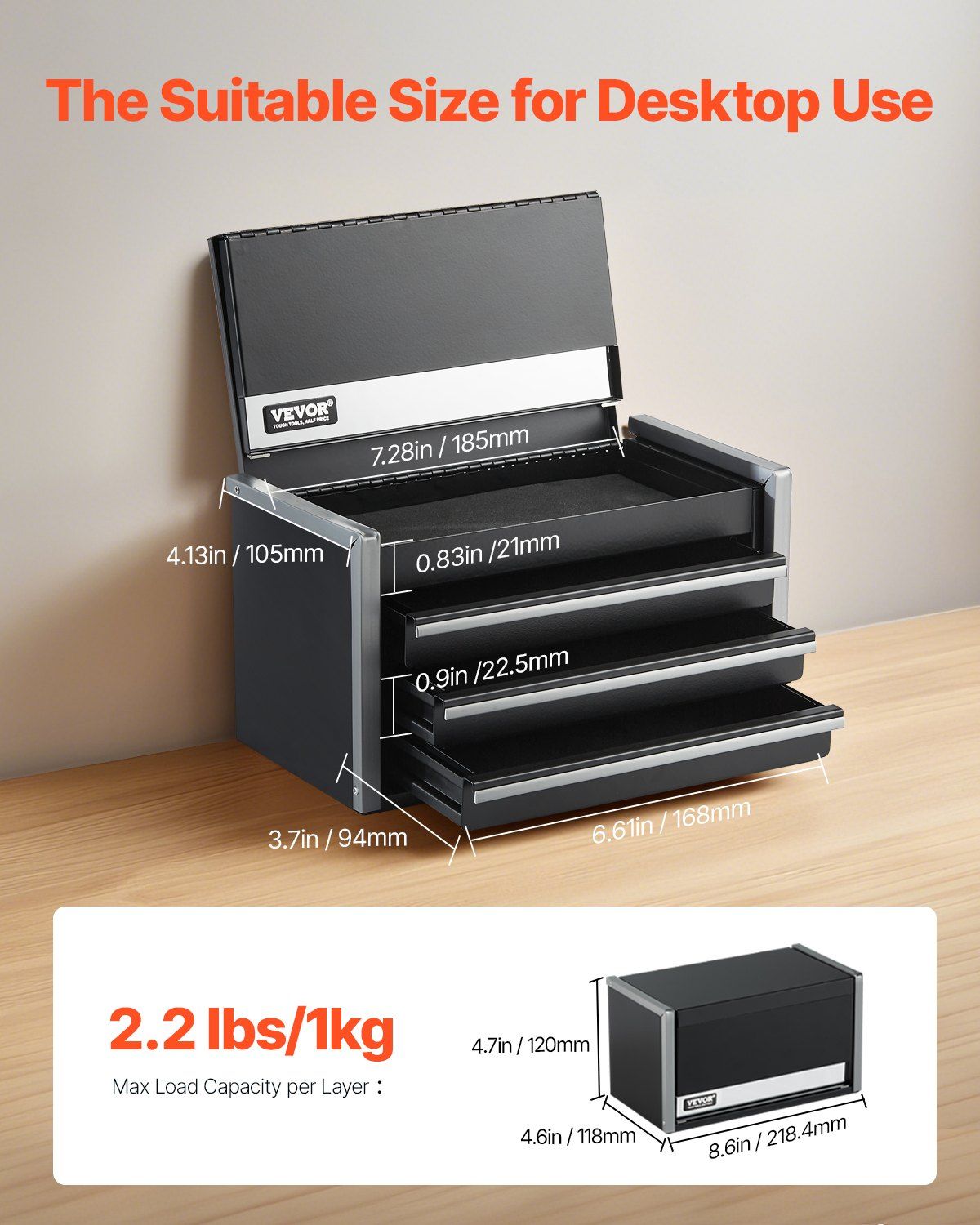 Metal Tool Box, 8.6-inch, Portable Metal Tool Box with 3 Drawers, Small Tool Chest with EVA Liners and PP V952-CTSBXSGJX86IACUDAV0