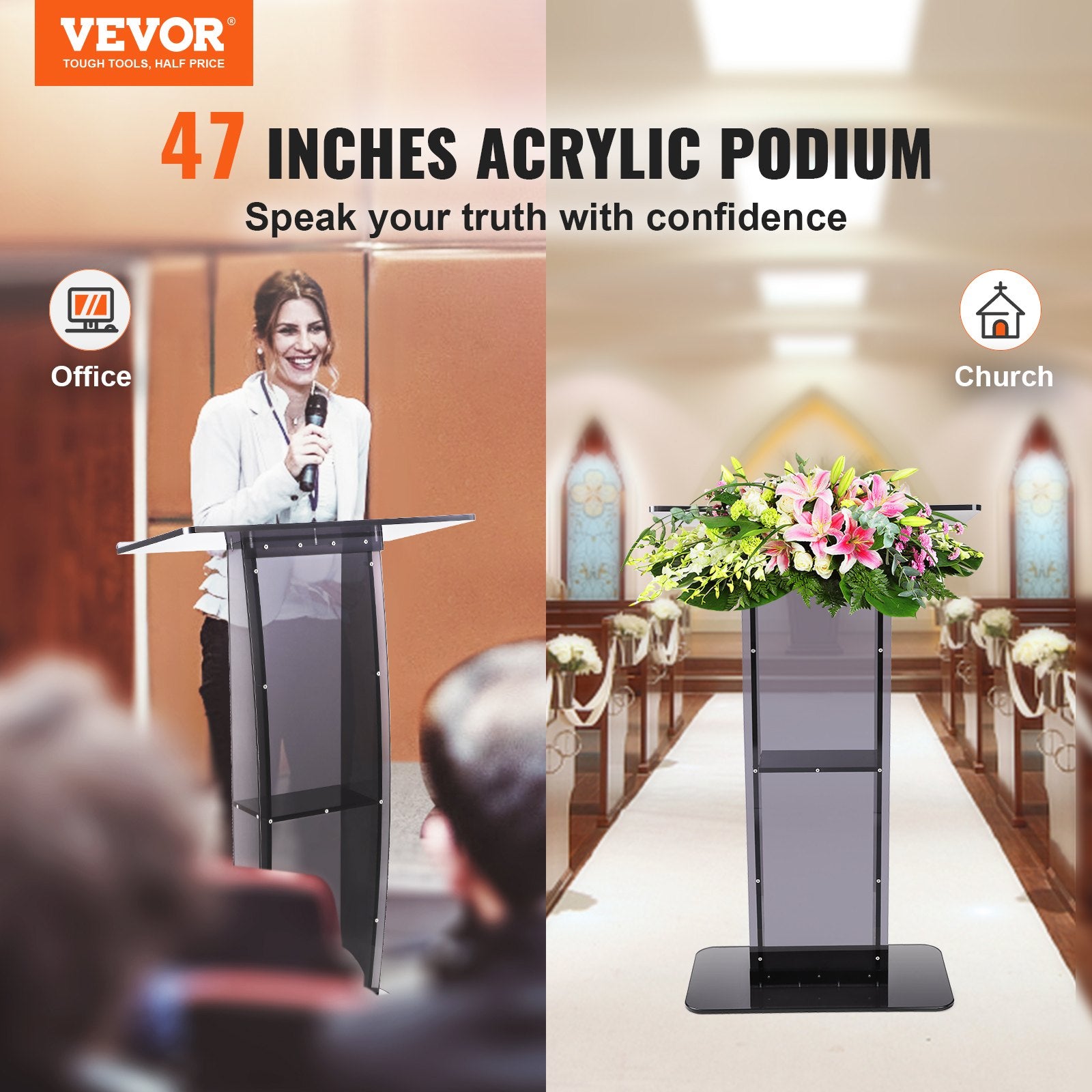 Acrylic Podium, 47" Tall, Acrylic Podium Stand with Wide Reading Surface & Storage Shelf, Floor-standing V952-CTSJTHSTMYK47UDDCV0
