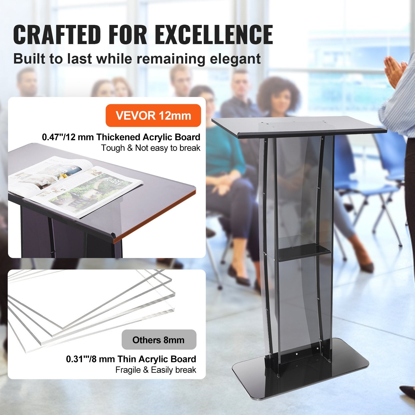 Acrylic Podium, 47" Tall, Acrylic Podium Stand with Wide Reading Surface & Storage Shelf, Floor-standing V952-CTSJTHSTMYK47UDDCV0