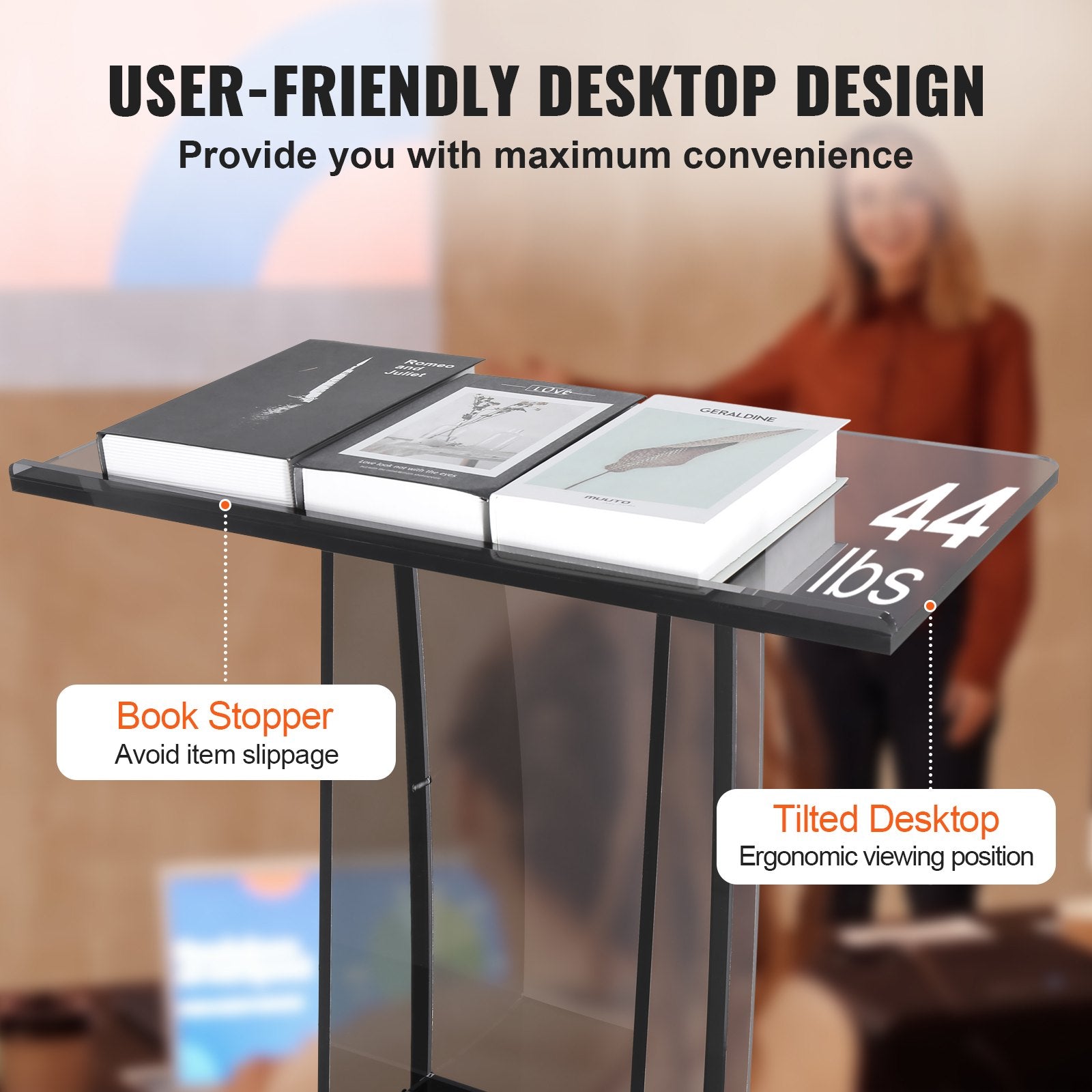 Acrylic Podium, 47" Tall, Acrylic Podium Stand with Wide Reading Surface & Storage Shelf, Floor-standing V952-CTSJTHSTMYK47UDDCV0