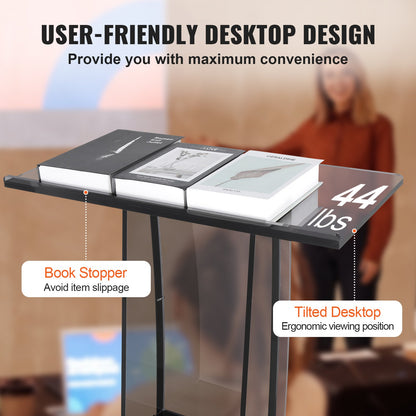 Acrylic Podium, 47" Tall, Acrylic Podium Stand with Wide Reading Surface & Storage Shelf, Floor-standing V952-CTSJTHSTMYK47UDDCV0