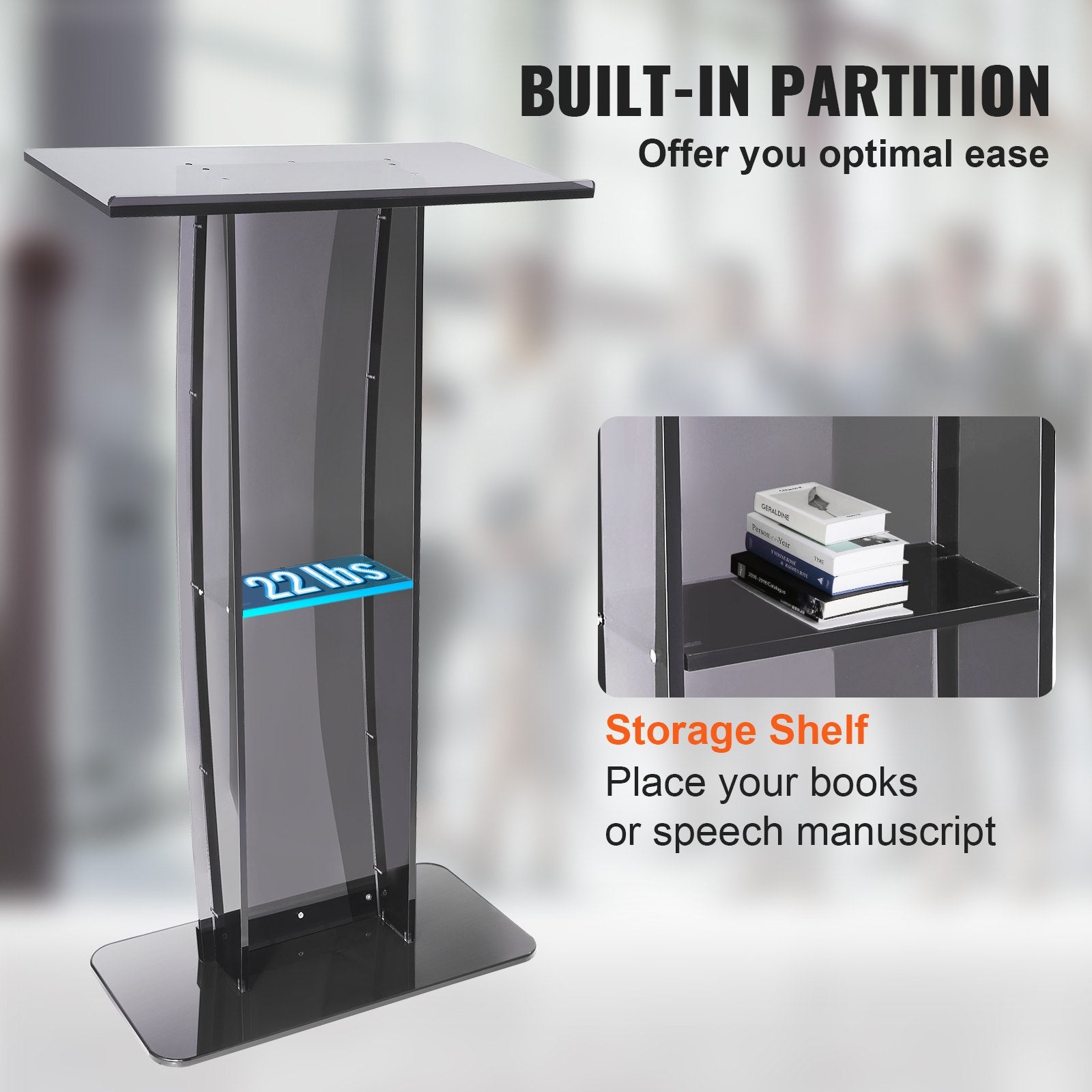 Acrylic Podium, 47" Tall, Acrylic Podium Stand with Wide Reading Surface & Storage Shelf, Floor-standing V952-CTSJTHSTMYK47UDDCV0