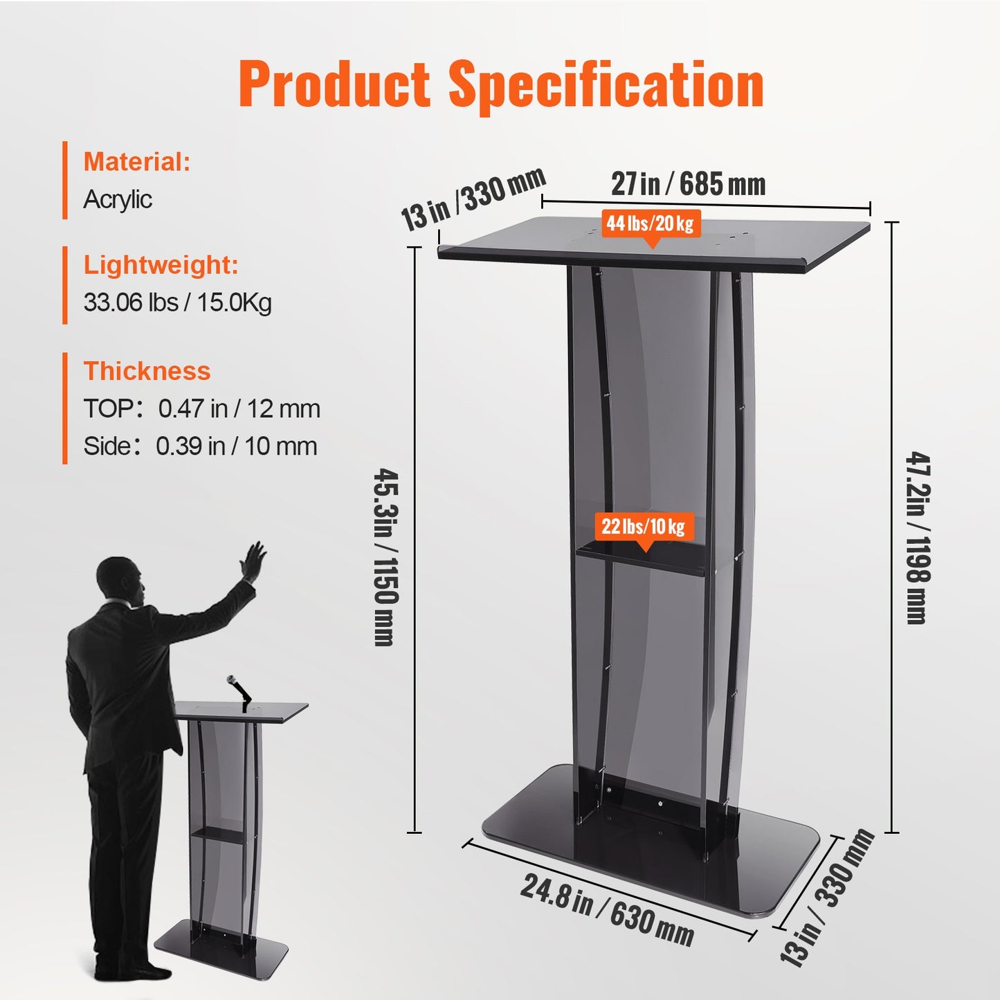 Acrylic Podium, 47" Tall, Acrylic Podium Stand with Wide Reading Surface & Storage Shelf, Floor-standing V952-CTSJTHSTMYK47UDDCV0