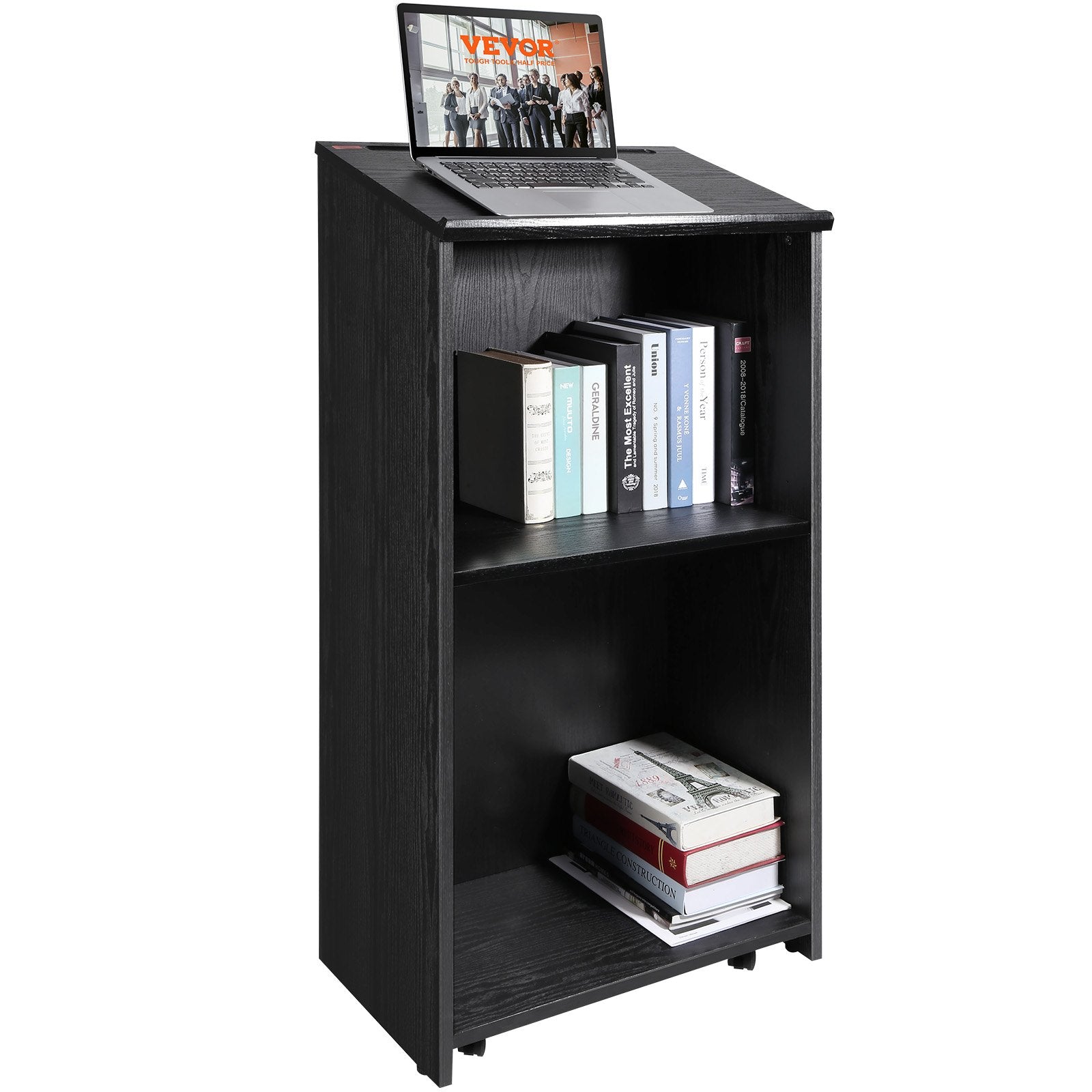 Podium Stand, 47 in Hostess Stand with 4 Rolling Wheels, Wood Podium with Storage Shelves, and Slant Desktop, V952-CTSJTHSYMDF47ZN65V0