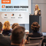 Podium Stand, 47 in Hostess Stand with 4 Rolling Wheels, Wood Podium with Storage Shelves, and Slant Desktop, V952-CTSJTHSYMDF47ZN65V0
