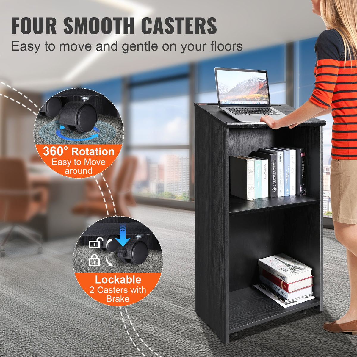 Podium Stand, 47 in Hostess Stand with 4 Rolling Wheels, Wood Podium with Storage Shelves, and Slant Desktop, V952-CTSJTHSYMDF47ZN65V0