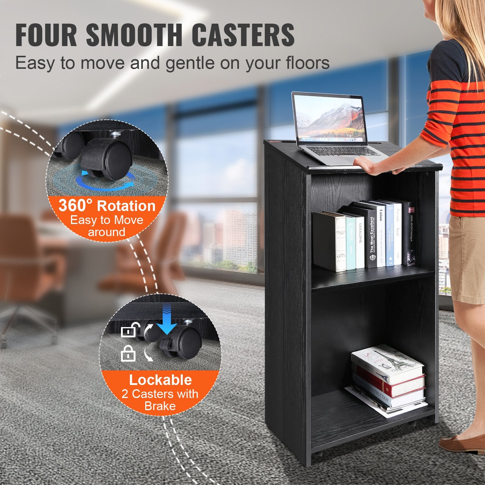 Podium Stand, 47 in Hostess Stand with 4 Rolling Wheels, Wood Podium with Storage Shelves, and Slant Desktop, V952-CTSJTHSYMDF47ZN65V0